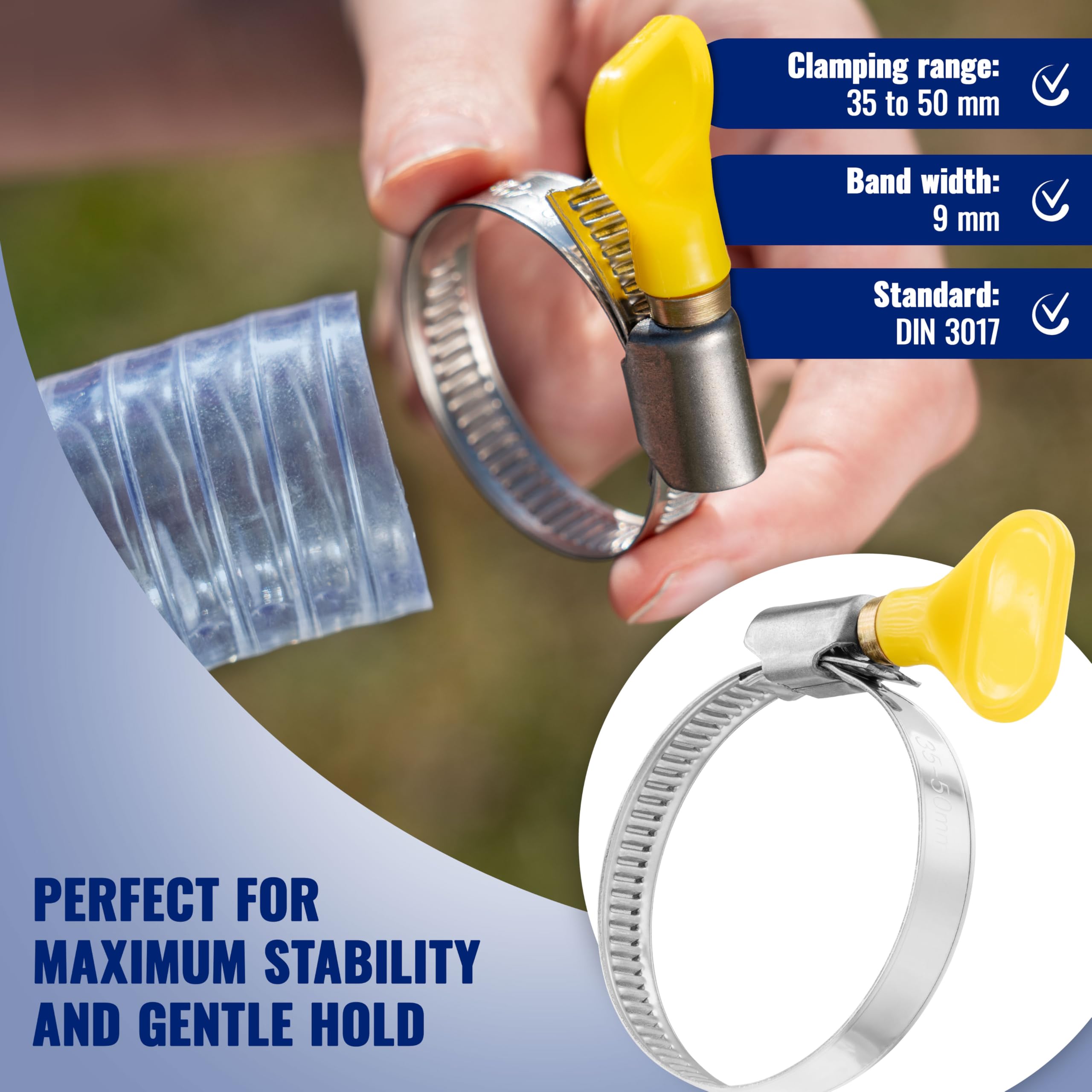 Poppstar 10x Hose Clamps with Wing Nut Stainless Steel, Clamping Range 35-50 mm, W2 Quality, Yellow, 10x (35-50mm) - Image 2