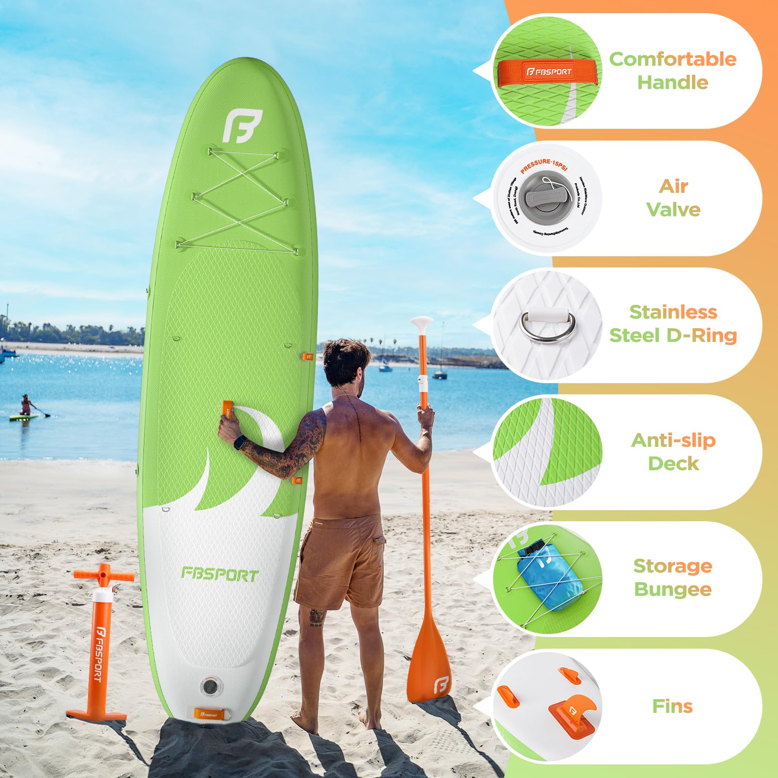 FBSPORT Tavola SUP Gonfiabile SUP 335CM per Adulti e Giovani, Stand Up Paddle Board Spessa 15 cm tavola da Surf tavola da SUP con Pagaia Regolabile, Zaino, Pompa & Pinna Rimovibile Surfboard
