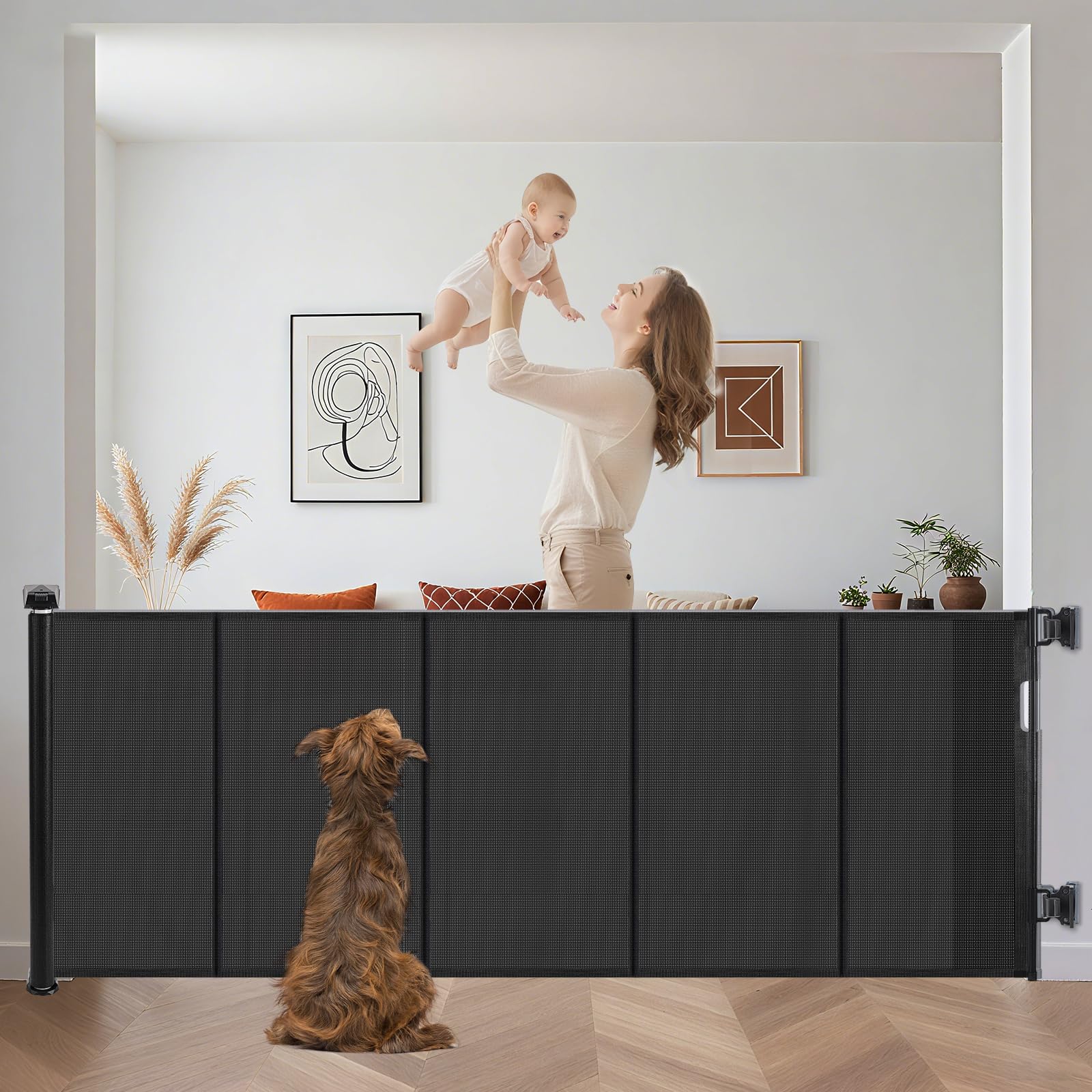 Extra Wide Retractable Baby Gates Pet Gate for Wide Openings Long Dog gate with Rods to Prevent Crawling Through