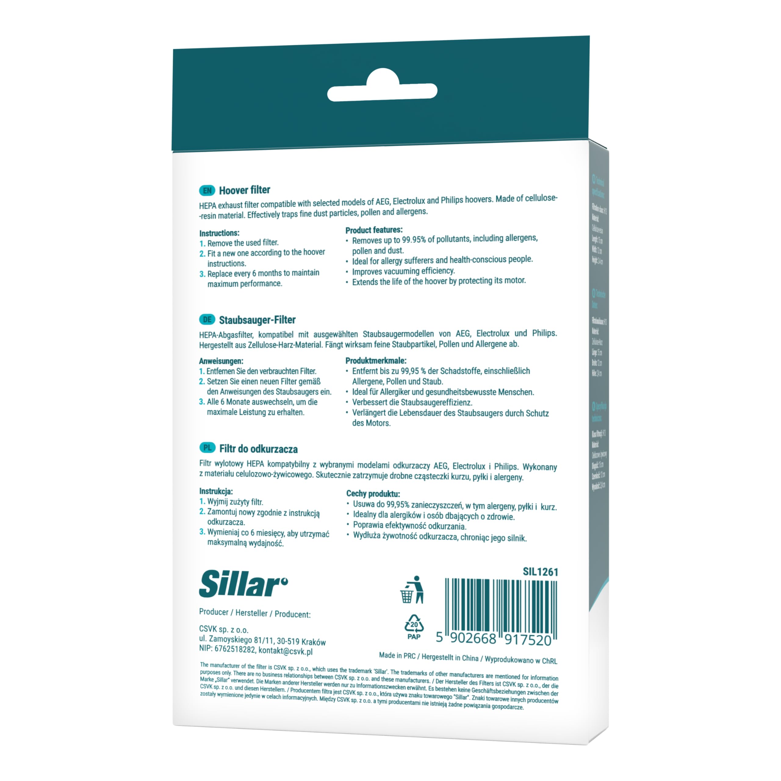 Sillar® 2x Filtr HEPA do AEG ELECTROLUX Airmax/Boldio/ErgoSpace/Excellio/Mondo Plus/Oxygen/Praxio/Powersystem PHILIPS Expression/Impact/Jewel/Performer (EFH13W, EFH12W, 9002564053)