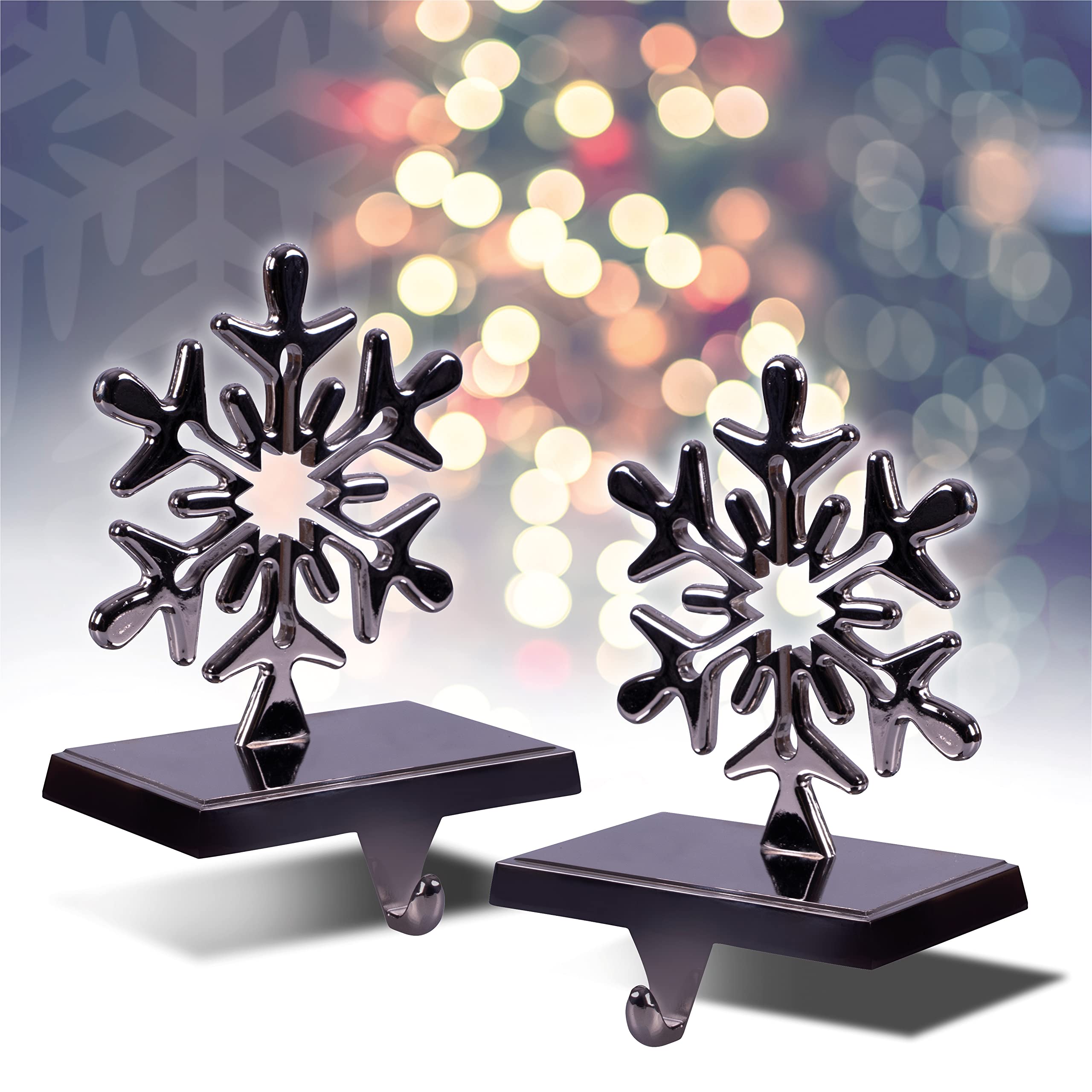 St Helens Home & Garden Christmas Stocking Holders Snowflake Design Set of 2 for Mantel, Metal Hangers for Fireplace Pair.
