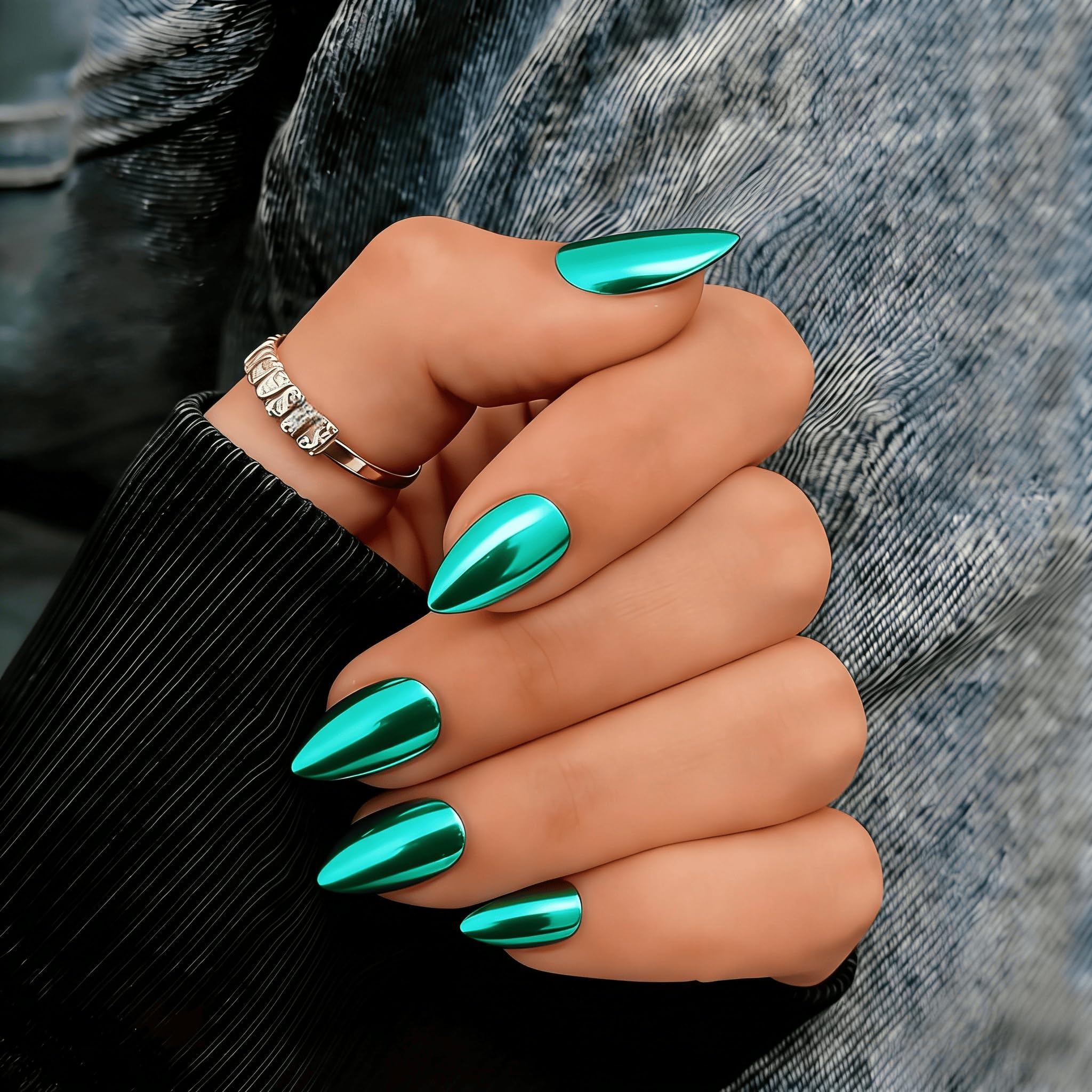 KQueenest Press On Nails Kurz Almond - Chrome Türkis Blau Künstliche Nägel zum Aufkleben Kurz, 30 Stück 15 Größen Metallic Fake Nails Press ons, Wiederverwendbar Dick Sparkle Acryl Nägel für Damen