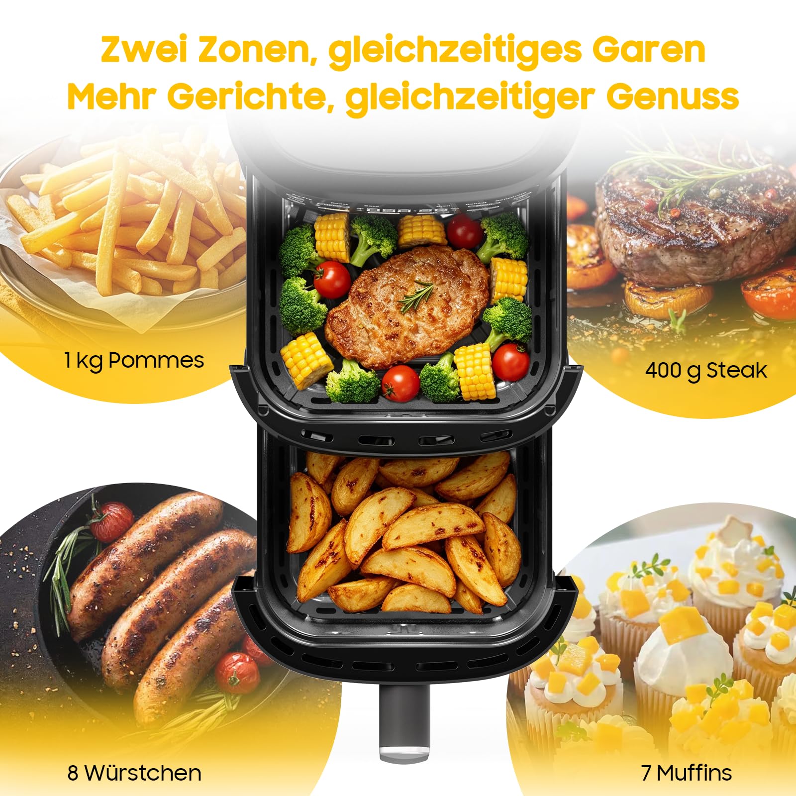 Airfryer 10L Double Stack - 2700W Heißluftfritteuse 2 Kammern, XXL Heissluftfritteuse mit vertikale Doppelkammer, 6-in-1-Funktionen, Max 230°C, PFAS-frei, Spart 50 Prozent Platz, Rezeptbuch