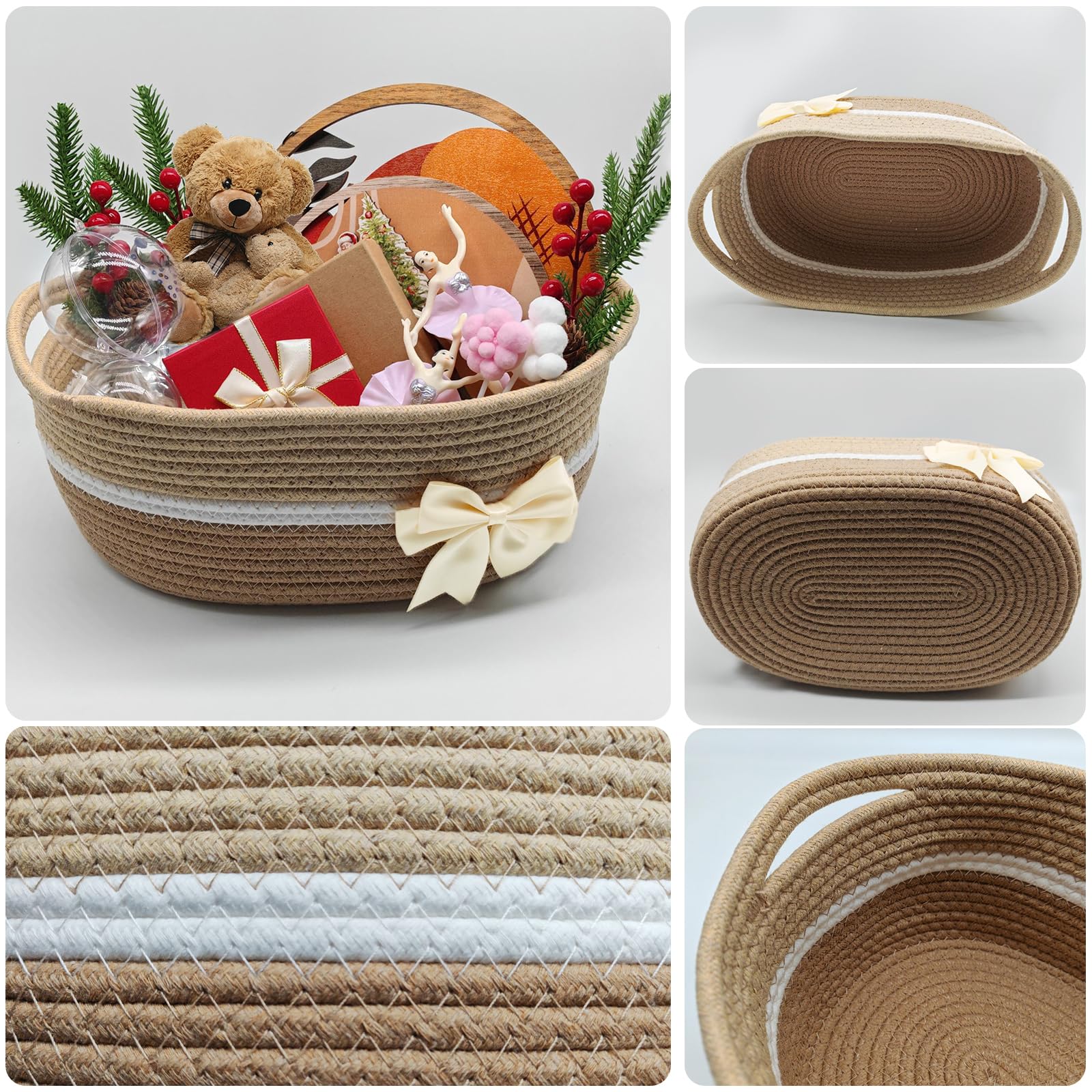 Panier cadeau en coton tissé vide avec nœuds, sacs et papier déchiqueté, pour fête prénatale, remise de diplôme, pendaison de crémaillère, Pâques, 32 x 24 x 14 cm, café