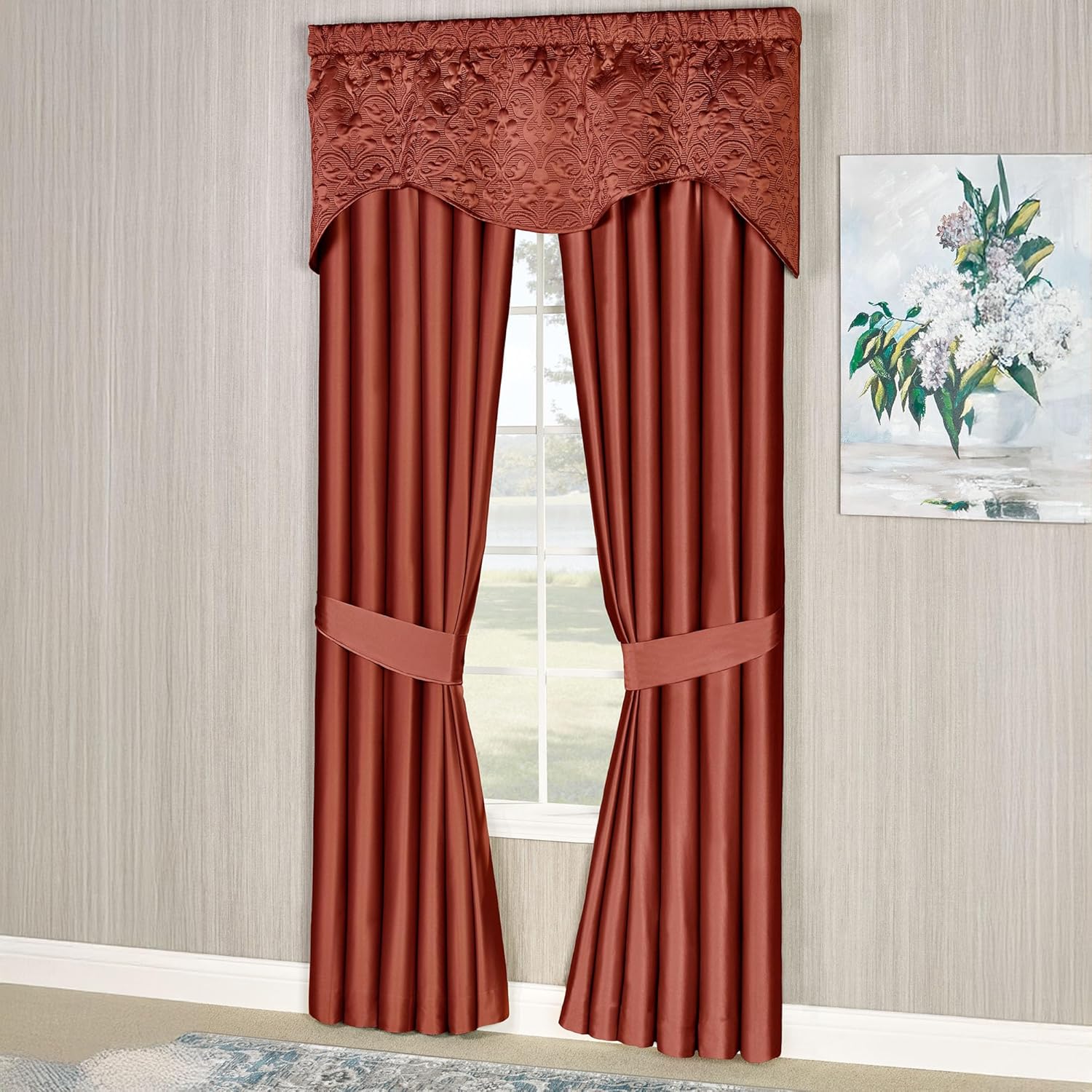Cambridge Classic Luxury Window Treatment | Golden Bronze Solid Color Polyester Satin | Elaborate Damask Quilted Scalloped Valance | Drapery Set Includes Scalloped Valance & 84L Lined Curtain Pair