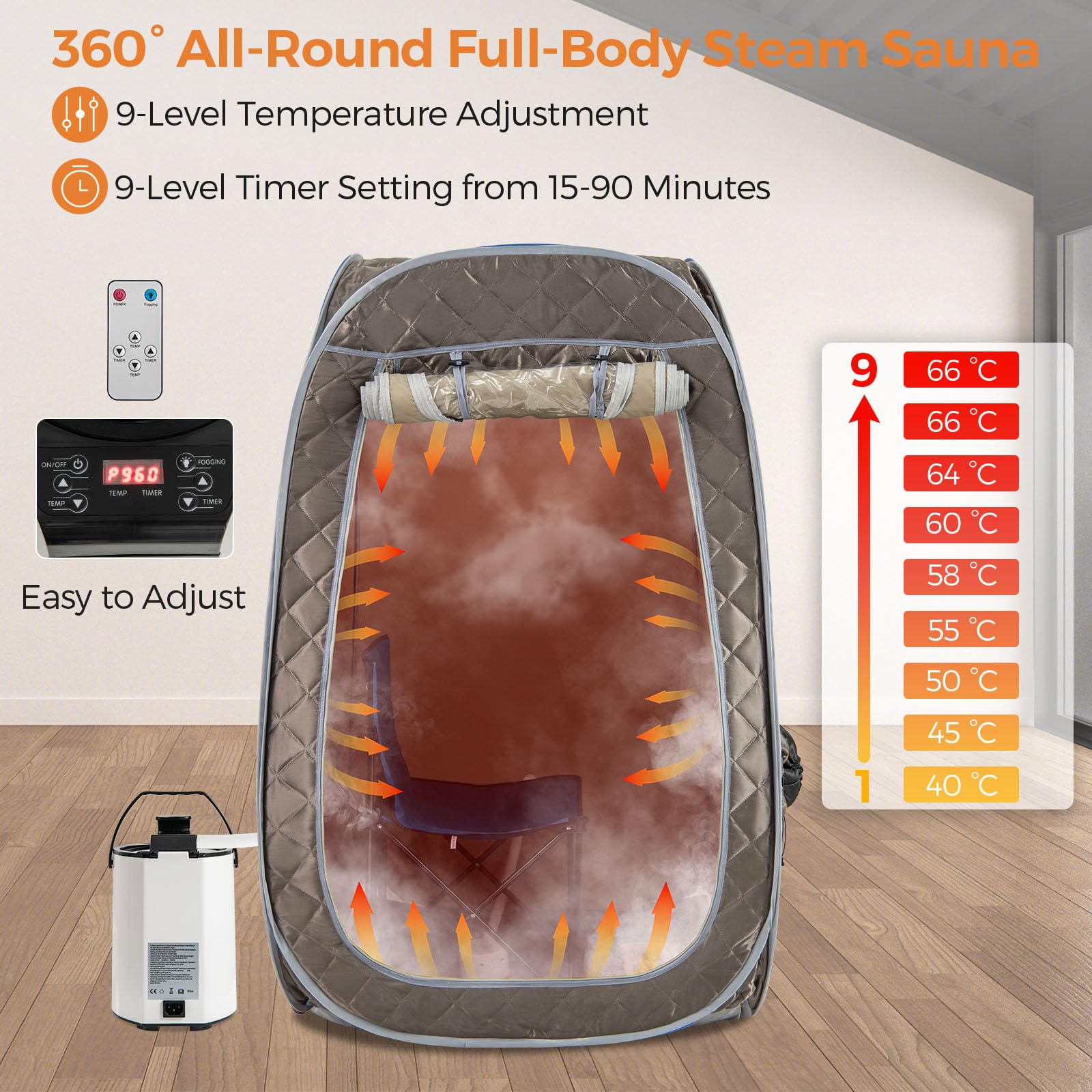 HOMASIS Sauna Portatile con Generatore di Vapore da 3 Litri, Telecomando, 9 Livelli Temperatura, Sedia Pieghevole e Massaggia Piedi Grigio
