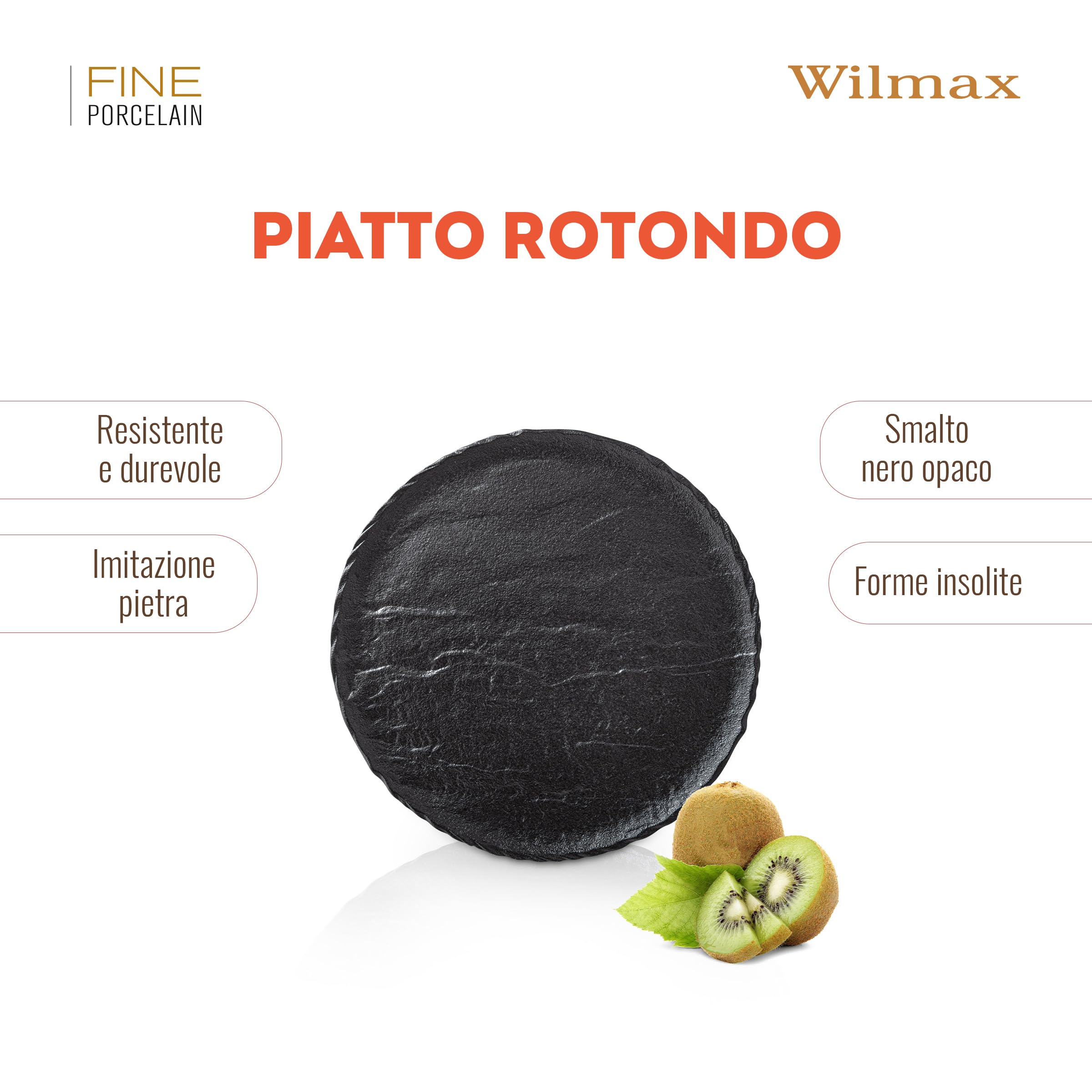 Wilmax - Piatti - 6 pezzi in porcellana - piatto piani neri - Imitazione pietra - Usi domestici e ristorazione - Smalti a mano - Lavabili in lavastoviglie