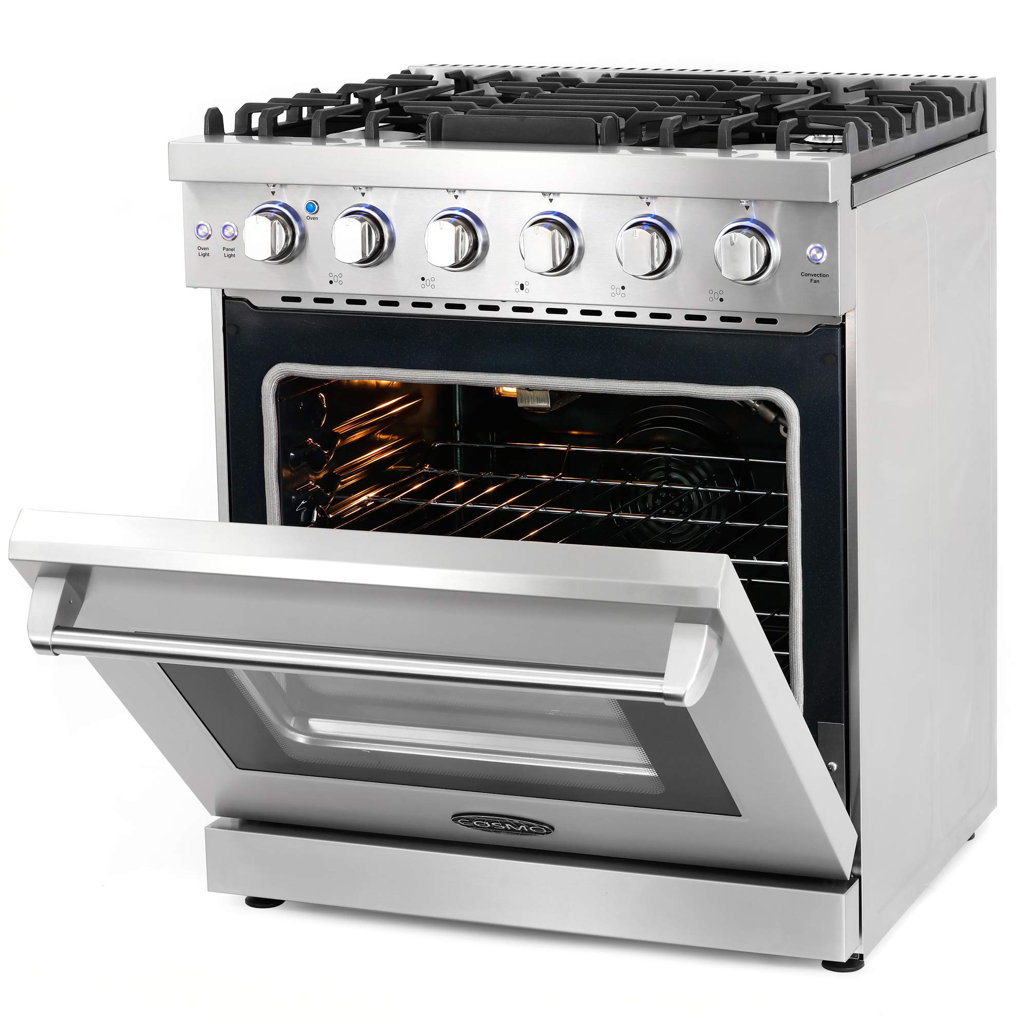 Cosmo COSEPGR304 Slidein Freestanding Gas Range with 5 Sealed Burners, Cast Iron Grates, 4.5