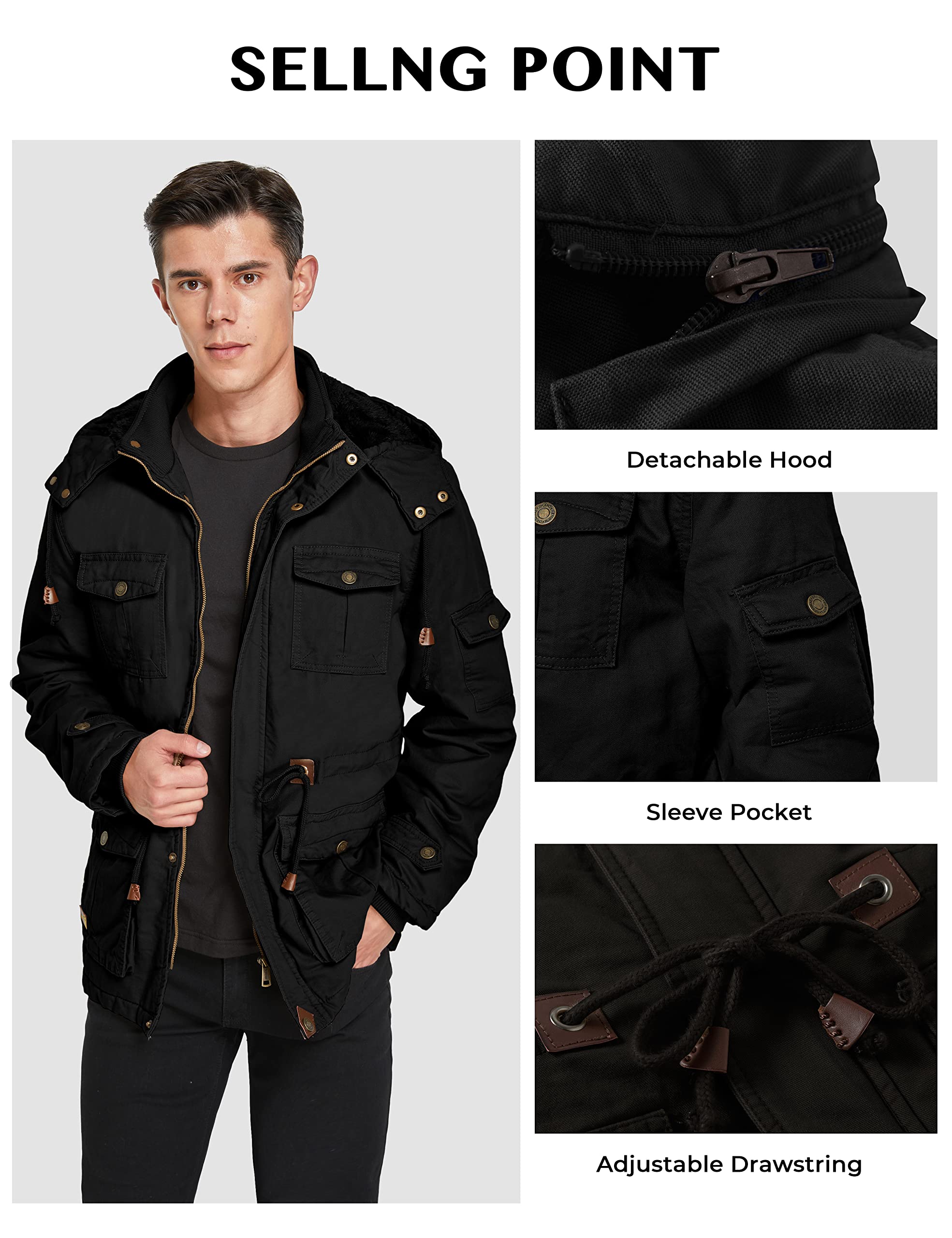 WenVen Giacca Militare Uomo Invernale con Cappuccio Caldo Antivento | Cappuccio Rimovibile,Fodera Spessa,Antivento, Caldo,Leggero,Giubbotto in Cotone,Mezza Stagione,Esterno,Escursionismo,Casual