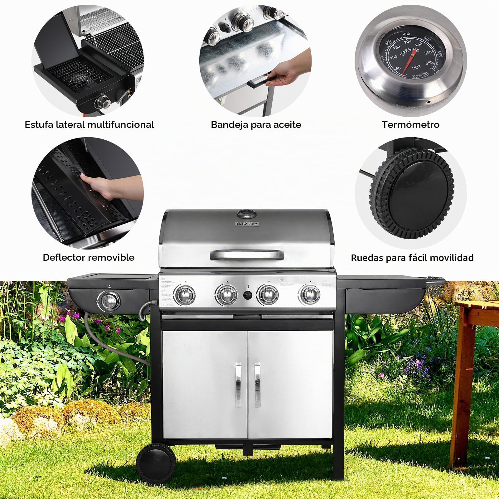 Barbacoa a Gas 4+1 Quemadores con Quemador Lateral, Acero Inoxidable BBQ con Termómetro, Parrilla con Mesas Laterales, 14,05 KW Alto Rendimiento para Jardines Fiestas Acampar