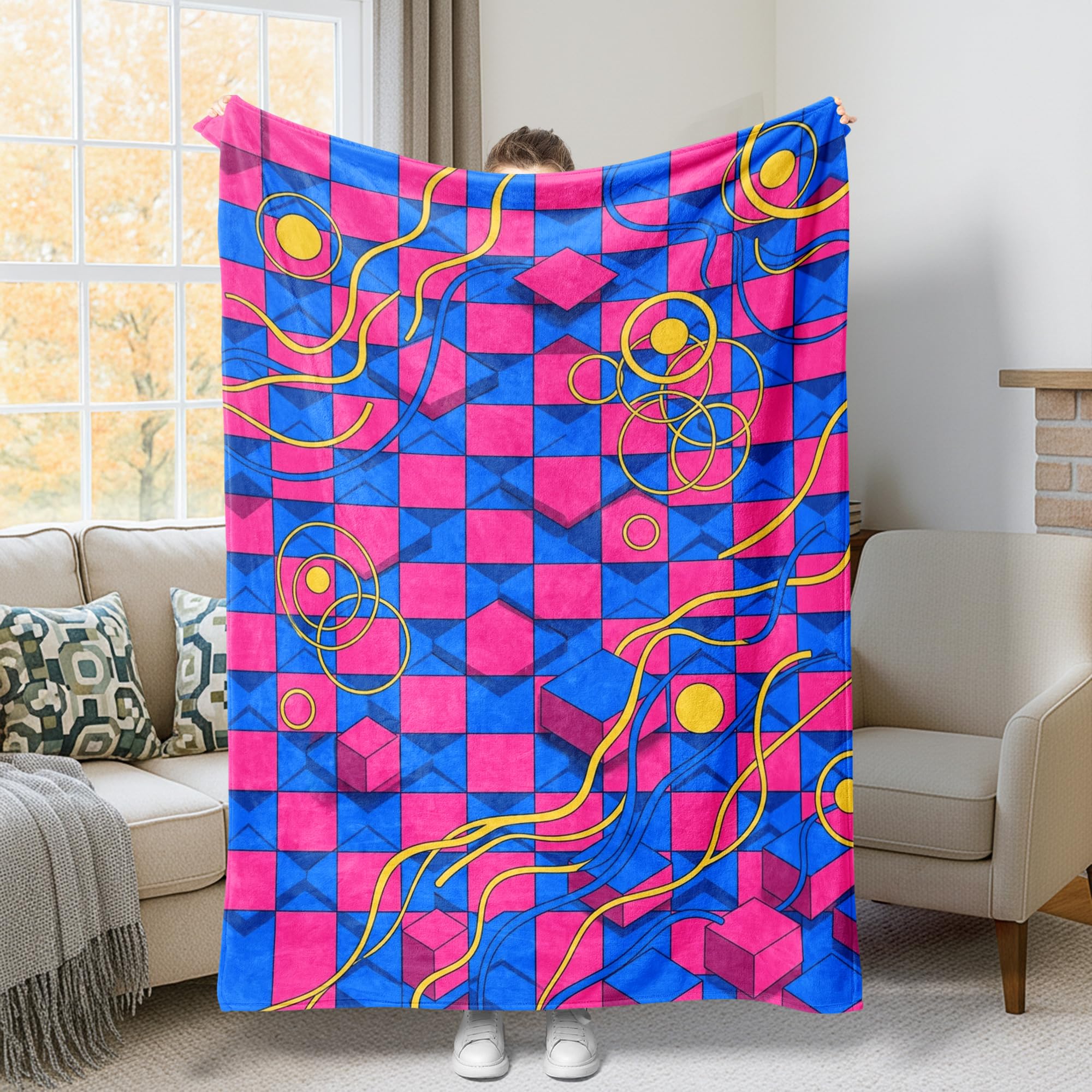 Jeté de lit contemporain bleu à motifs géométriques pour salon et canapé