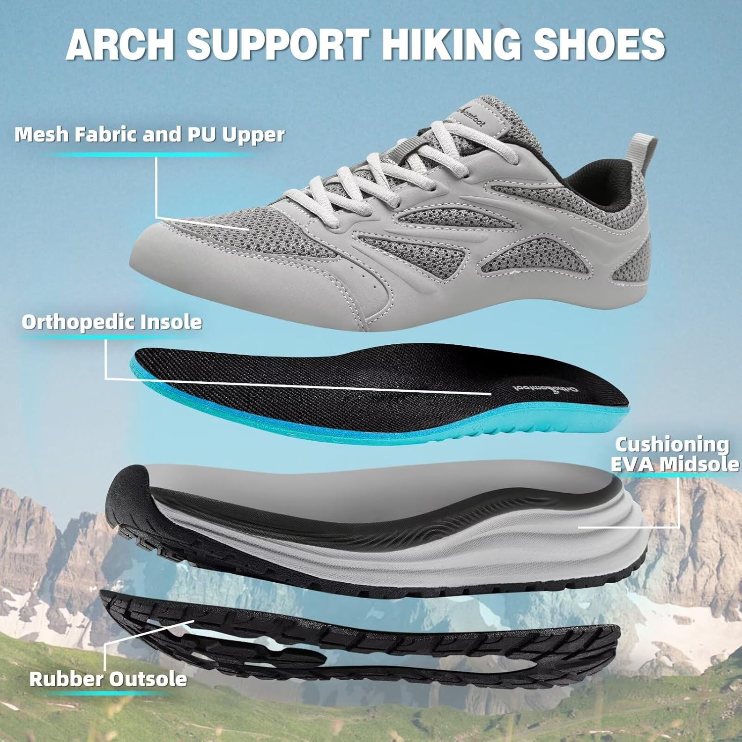 Men's Orthopedic Wide Trail Running Shoes: Comfortable Casual Arch Support Plantar Fasciitis Orthotic Trekking Walking Exercise Shoes, Flat Feet Sport Training Sneakers for Foot and Heel Pain Relief - Image 2