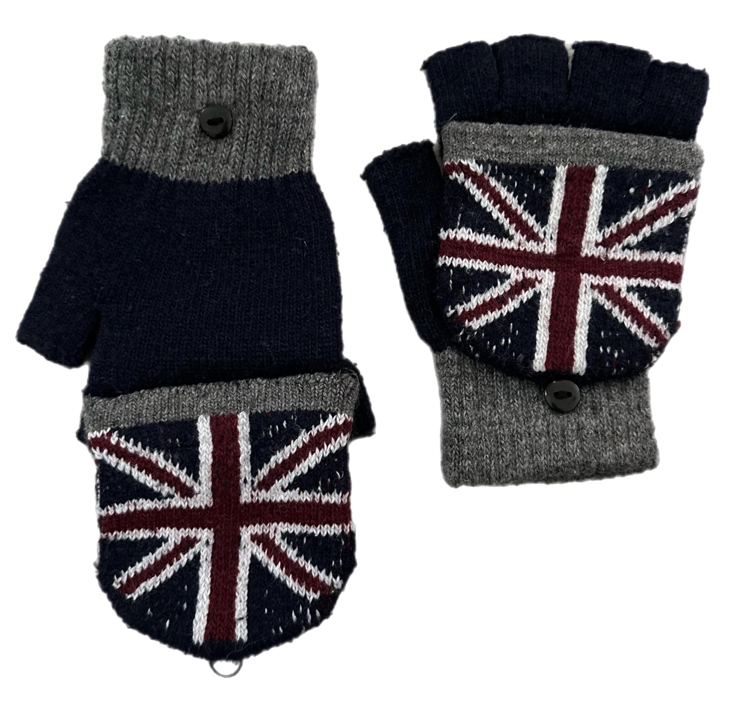 NO1Gifts Union Jack British Flag Knitted Unisex Fingerless Flap Over Mittens Gloves (NAVY)