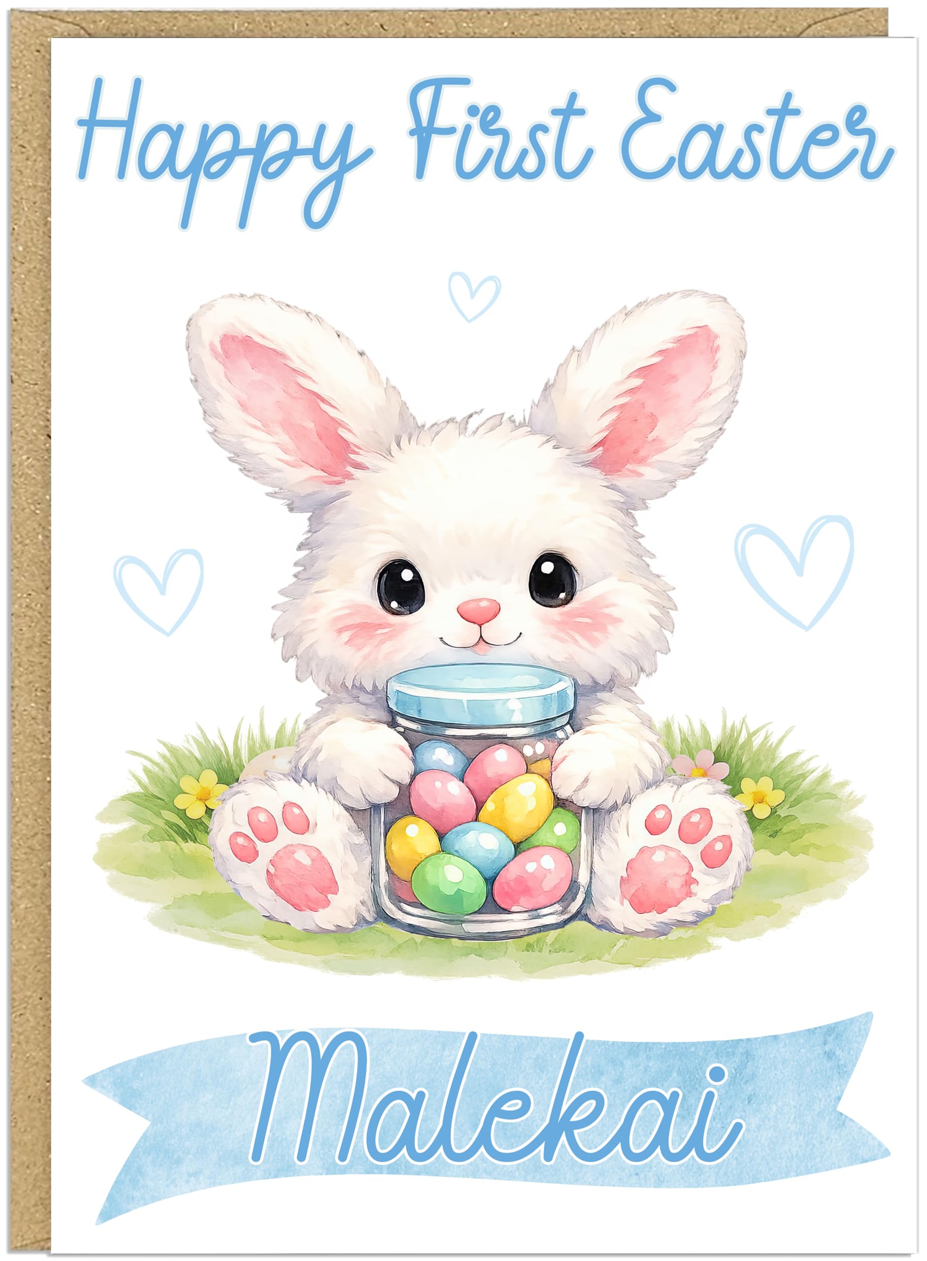 Happy First Easter Personalised Card for Baby - Custom Add Own Name Fluffy Bunny Jar Eggs Design - Toddler Happy 1st Easter Boy or Girl Greeting Card Blue Pink Teal Yellow (Blue)