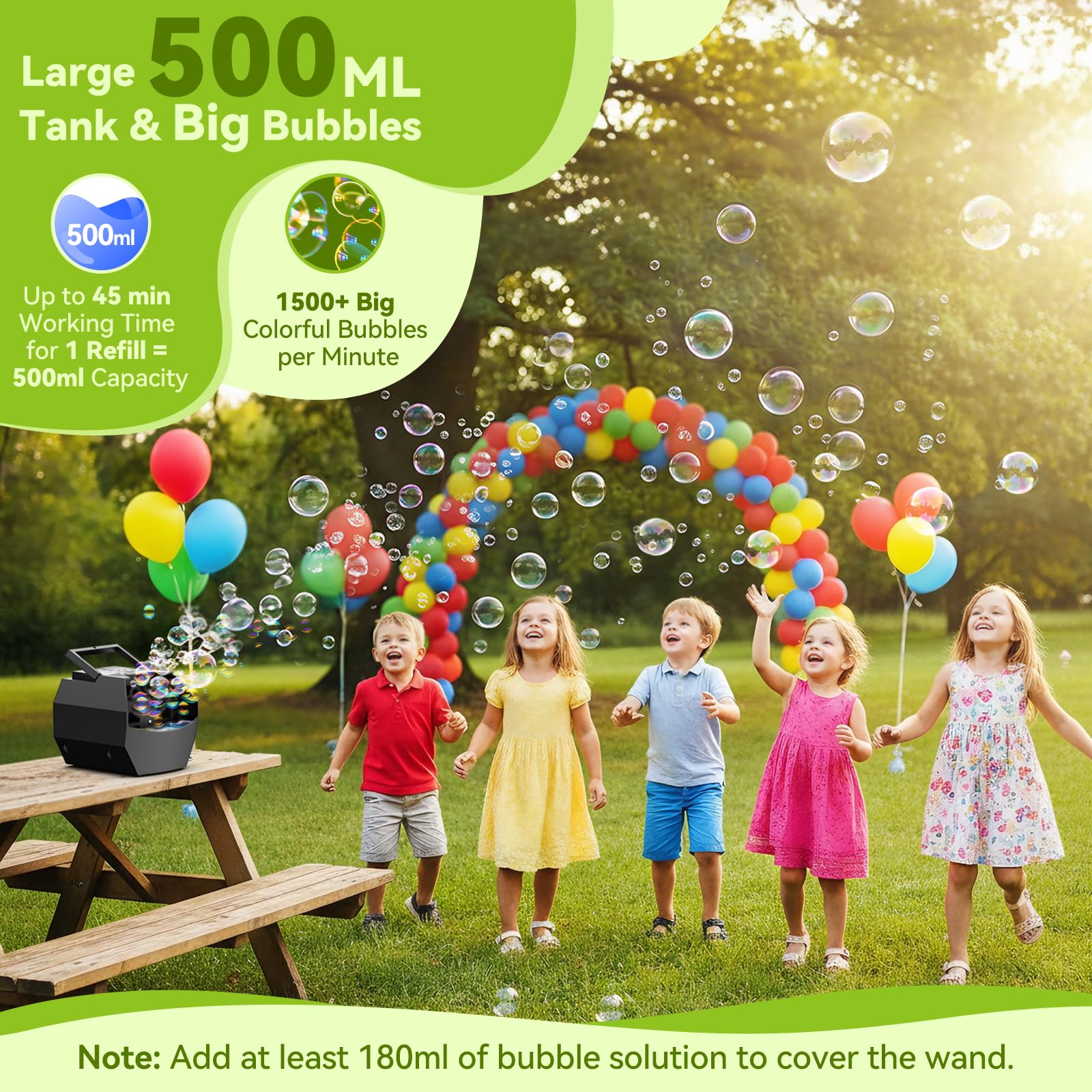 Máquina de Burbujas, Theefun 500ml Maquina de Burbujas para Niños Automático Portátil Máquina de Burbujas 1500+ Burbujas por Minuto para Niños Boda Cumpleaños Fiestas