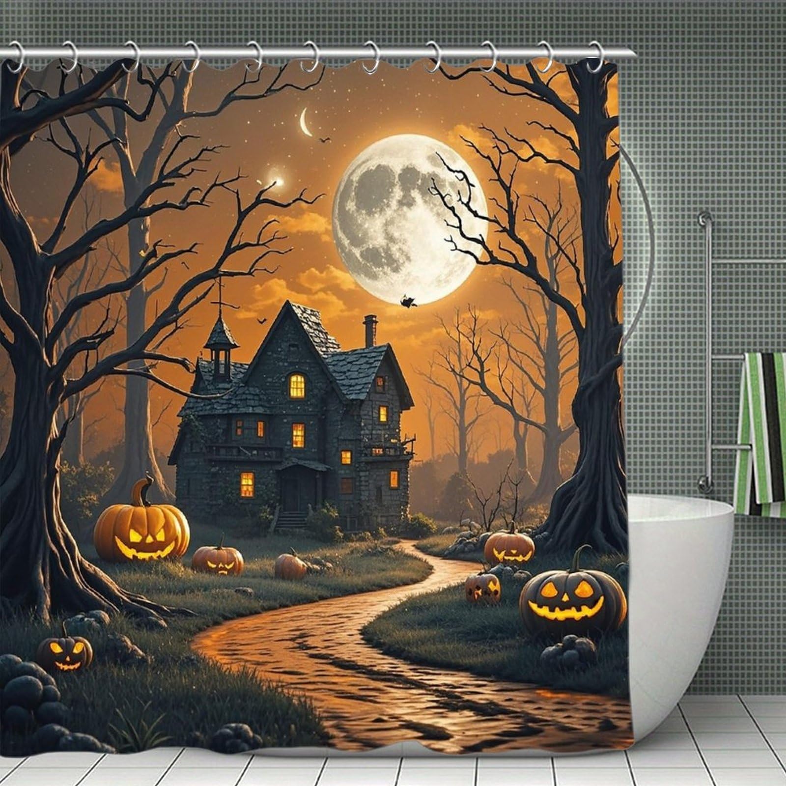 FekiLoot Spooky Halloween Shower Curtain with Hooks Modern Farmhouse Bathroom Curtain Waterproof Cloth Bath Curtains Cute Washable Blackout Privacy Curtains for Bathroom Bathtub 70.8"x70.8"