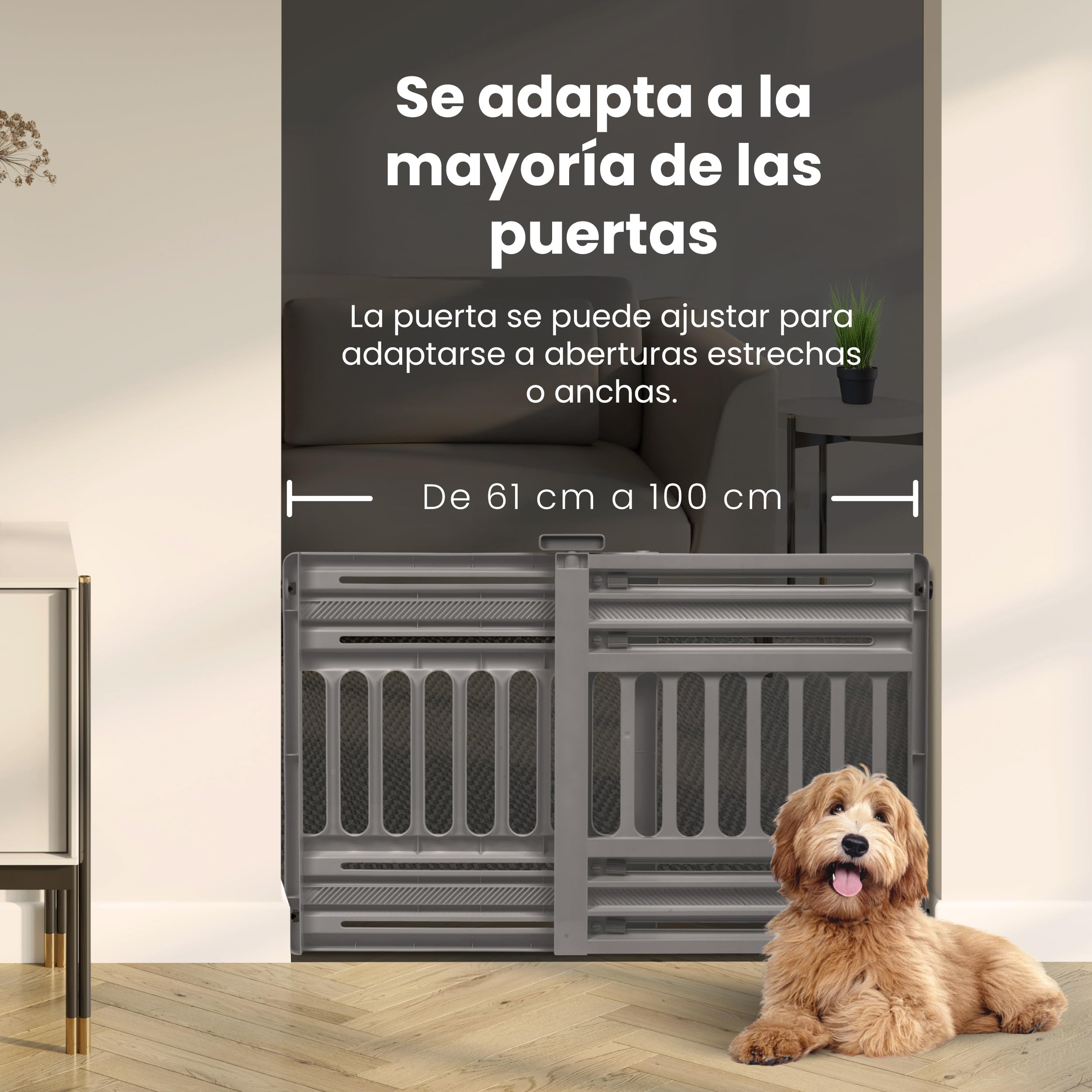 Iris Ohyama, Puerta de Seguridad para Perros, Barrera de Escalera a presión, A61 x A64 cm, Extensible hasta 1m, No Requiere perforación, para Interiores, Pasillo, Cocina, PBR-600, Plástico (PP) Gris