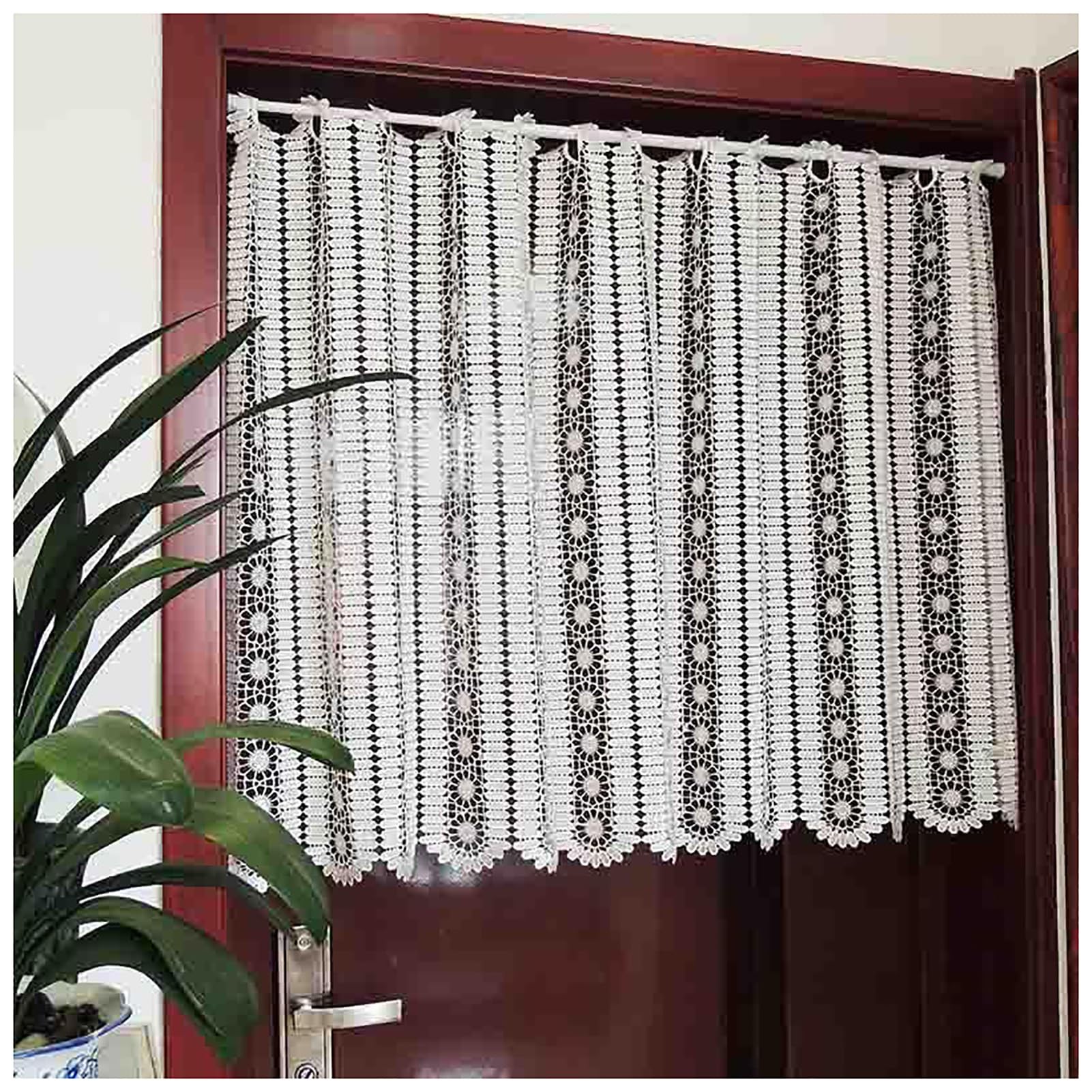 Rideau En Dentelle Boho Court Au Crochet Floral Shabby Chic - Beige H60xW150cm Pour Cuisine Et Décoration