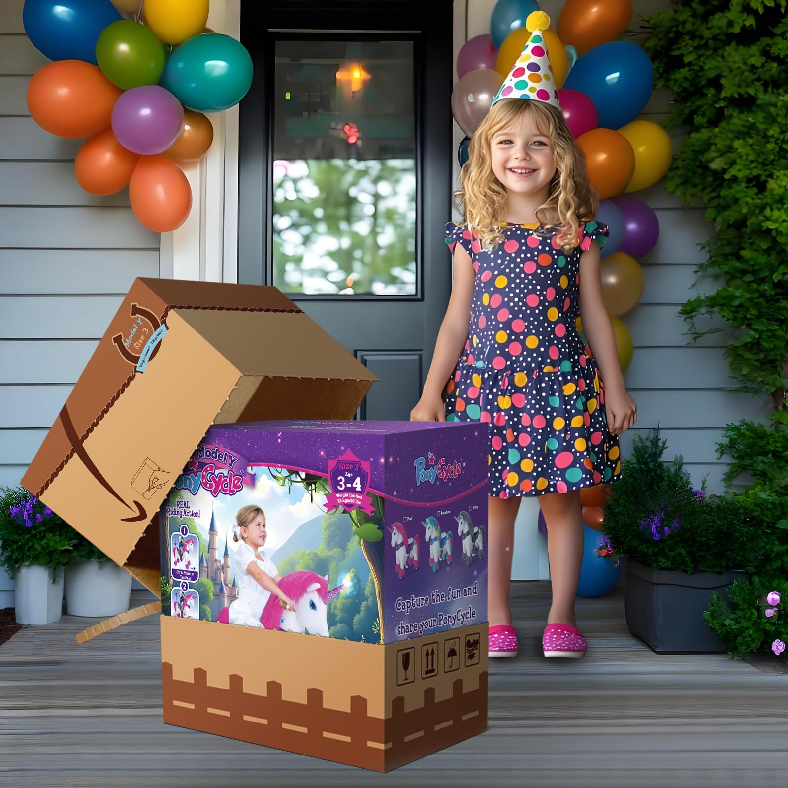 PonyCycle Modell Y Einhorn zum Reiten | Grau | 3-4 Jahre | mit Bremse | Reit-Einhorn für Kinder, Pailletten-Horn & 4 Sounds, beweglicher Sattel, Handbremse, leise Räder, Indoor & Outdoor, Größe 3