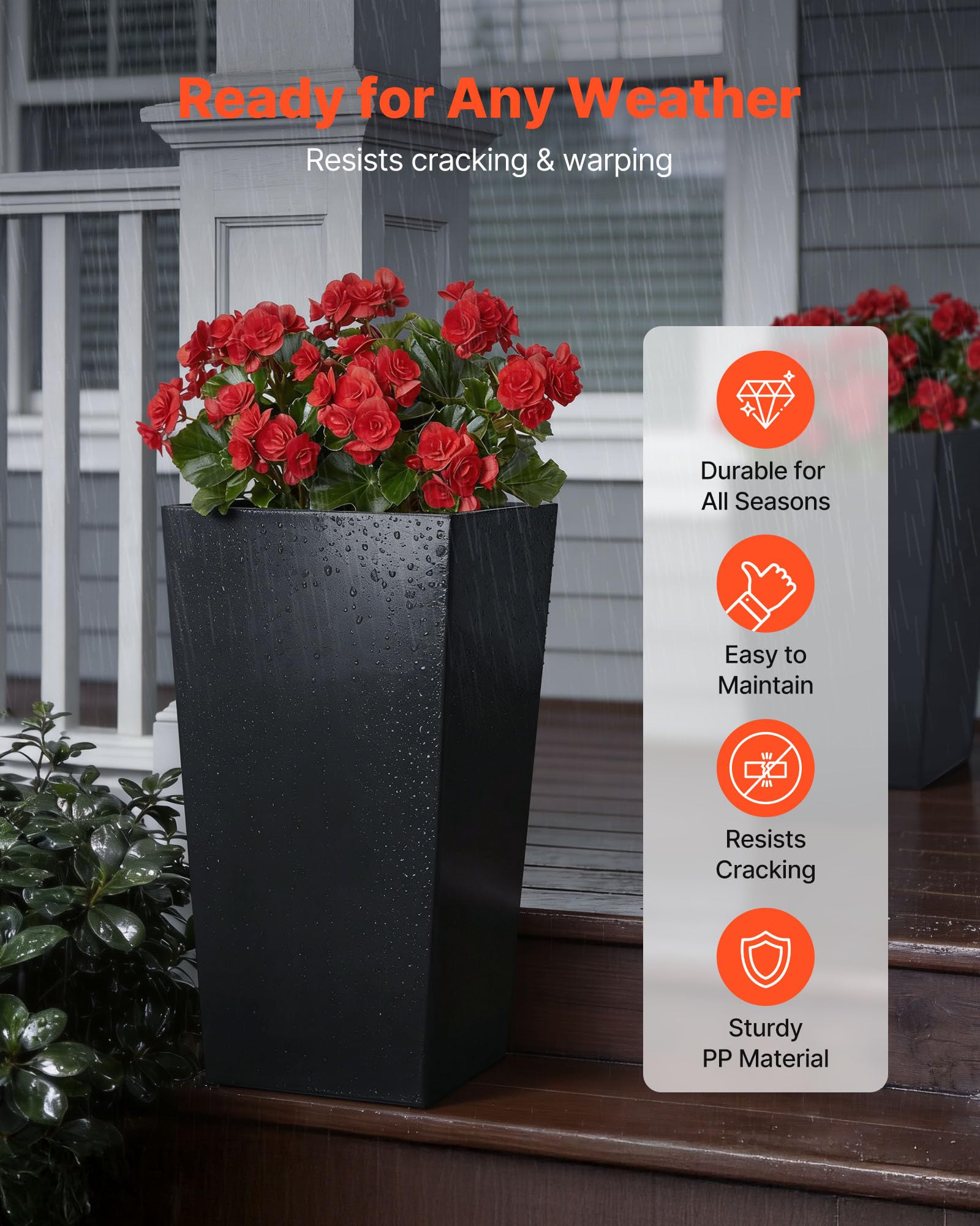 VEVOR Set di 2 Vasi da Fiori Alte 665 mm, Grandi Fioriere per Piante da Interno ed Esterno, Vasi Decorativi Moderni in Plastica per Portico con Rotelle, con Fori di Drenaggio per Patio e Giardino Nere
