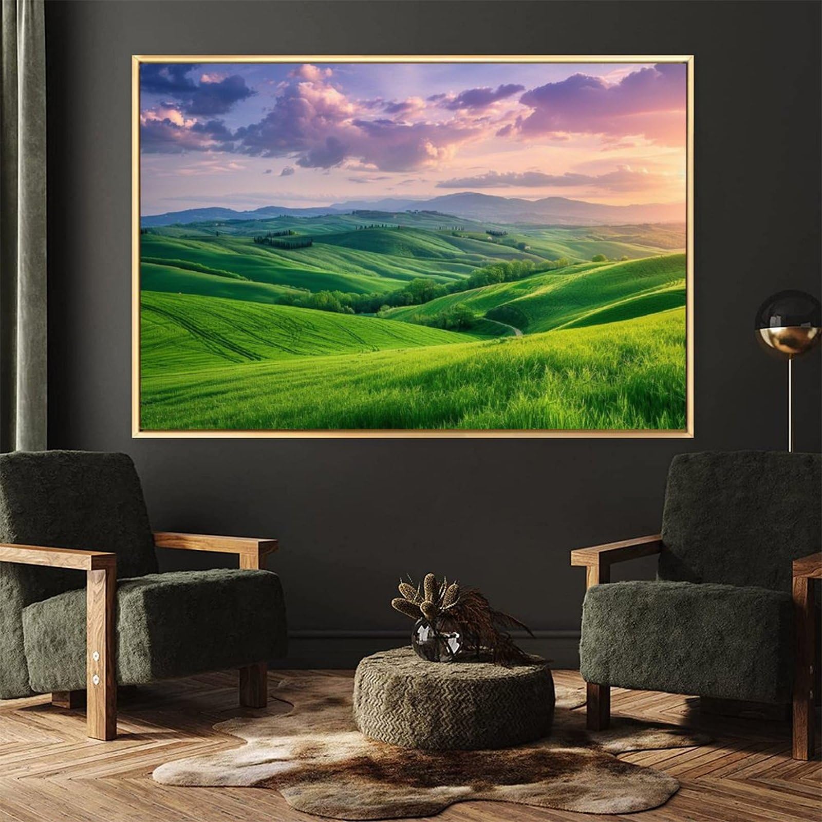 絵画 インテリア 絵 額付(黒）油絵 F4-081411 風景 朝夕陽 山 田園 Amazon.co.jp: 絵画 広大な草原に沈む夕日を眺める アートパネル