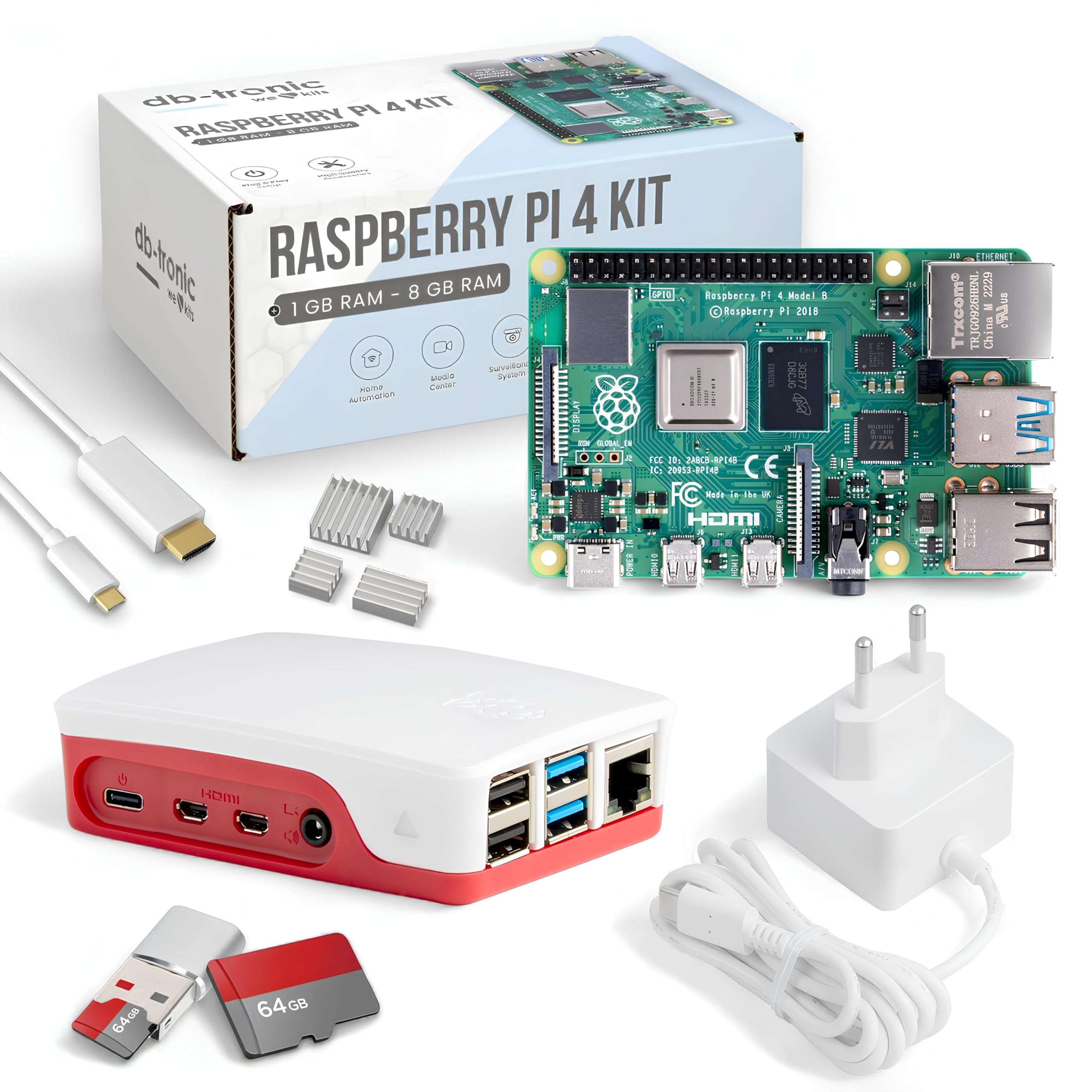 db-tronic Starter-Set für Raspberry Pi 4 4GB | 64GB Edition | Netzteil 15W | Gehäuse rot/weiß | 4k Micro HDMI Kabel | Kühlkörper Set | Ideal für Smart Home, Retro Gaming und Home Assistant