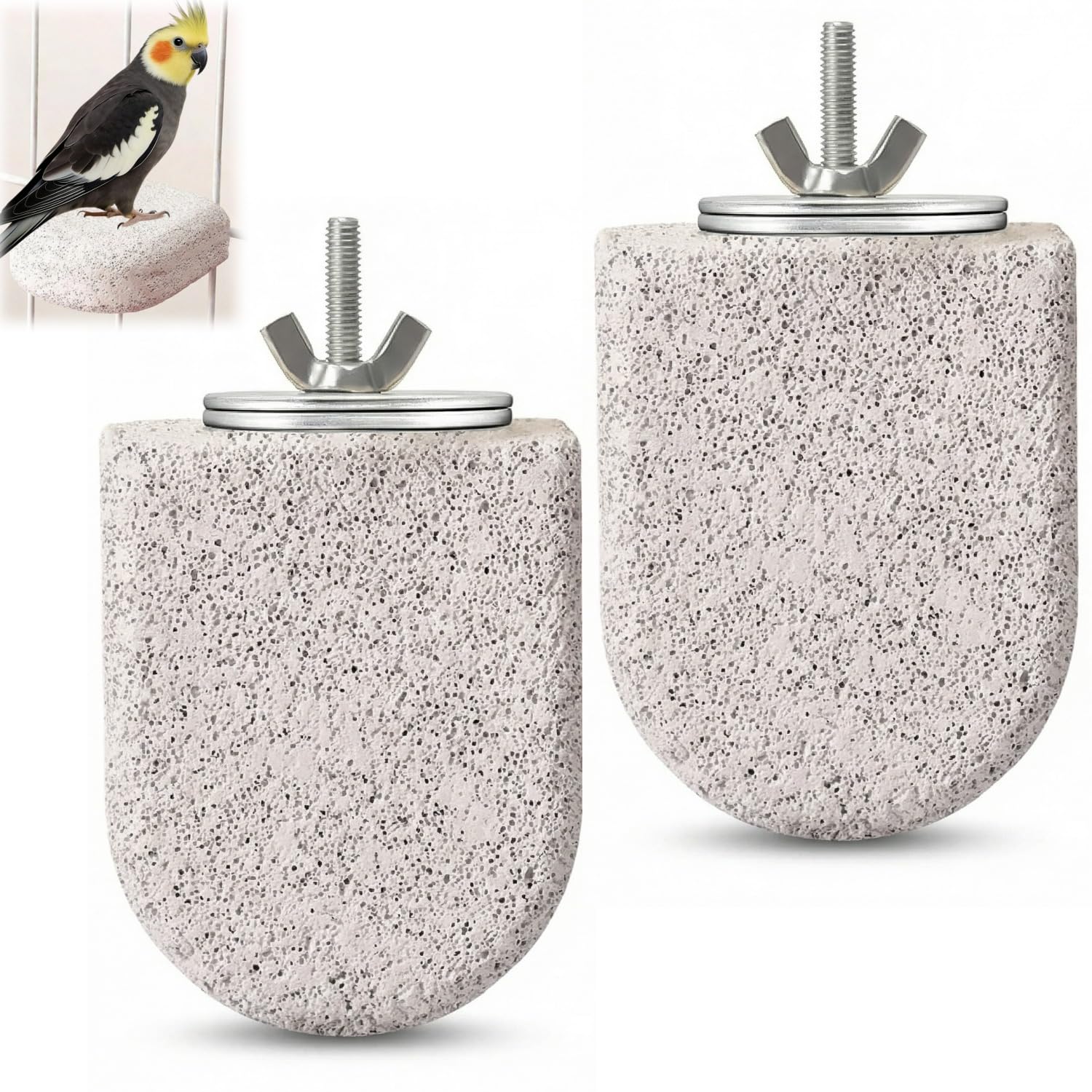 2 Pcs Multi-Function Bird Perch Set – Textured Pumice & Lava Stone Perches for Nail & Beak Care, Ice Cream Shaped Platform with Sturdy Metal Mounting, Ideal Cage Addition for Small Pet Birds