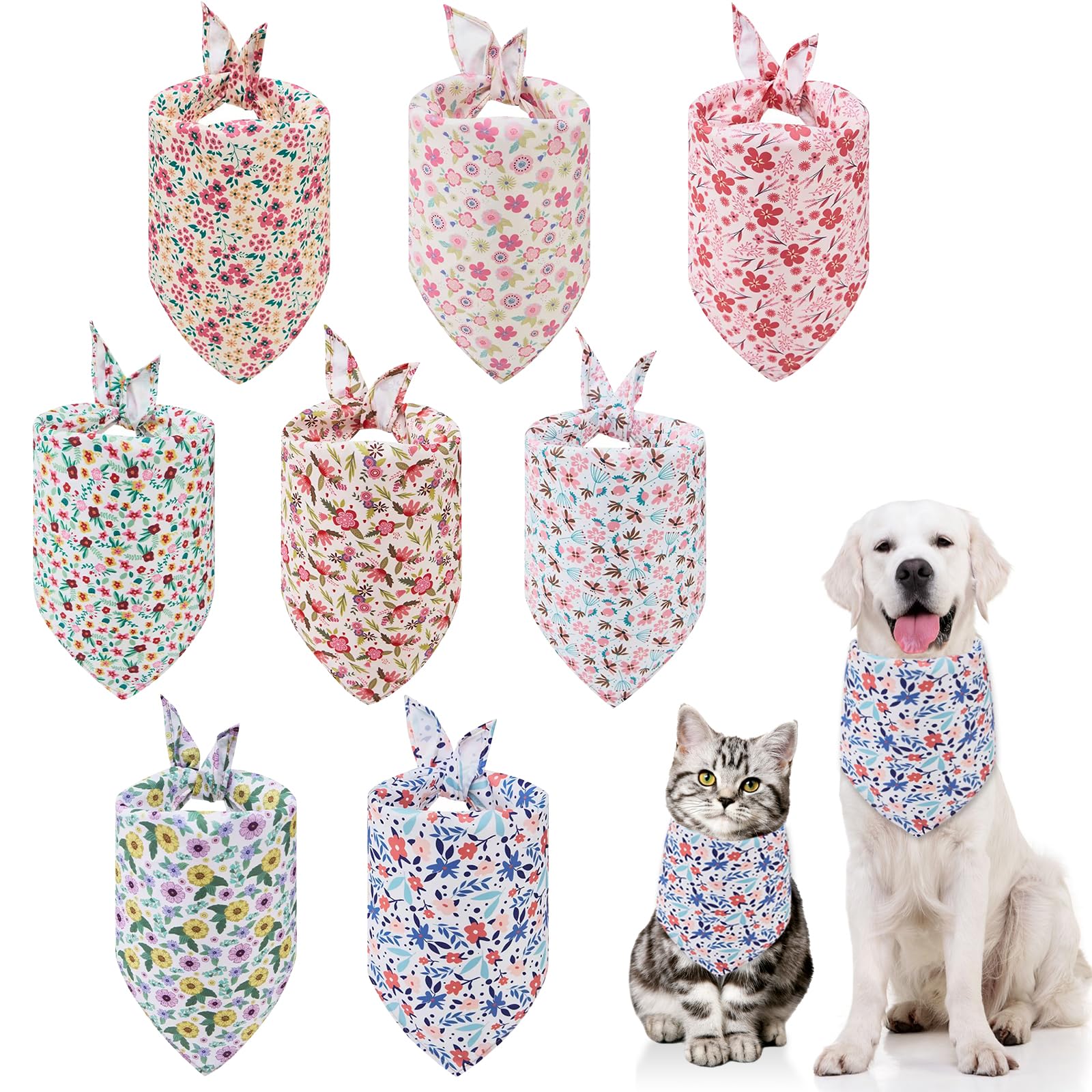 Yanmucy Bandana para perro, paquete de 8 bandanas florales para perros grandes y medianos, baberos ajustables de verano, bufanda triangular, pañuelo para perros y gatos (8, flor)