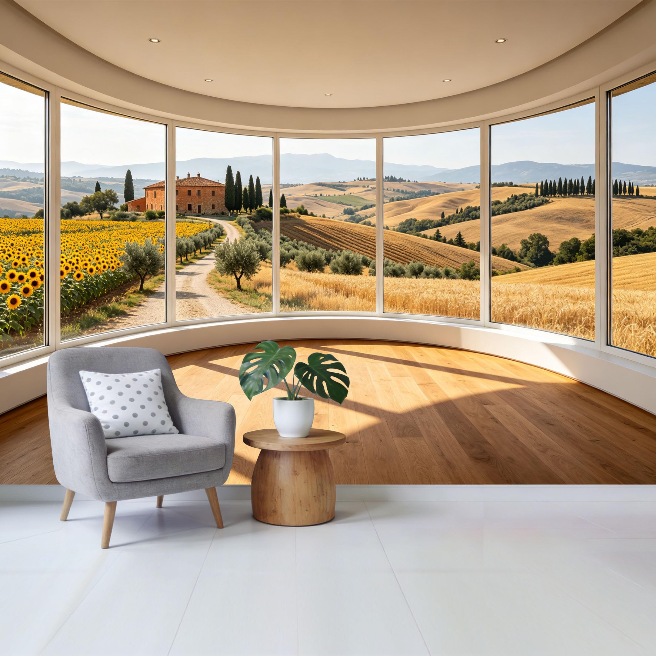 Removable Self Adhesive Fabric Mural， Tuscan Landscape Sunflower Field Custom Size Wall Covering， UV Protected Waterproof Washable Wall Decor for Living Room Bedroom Bathroom
