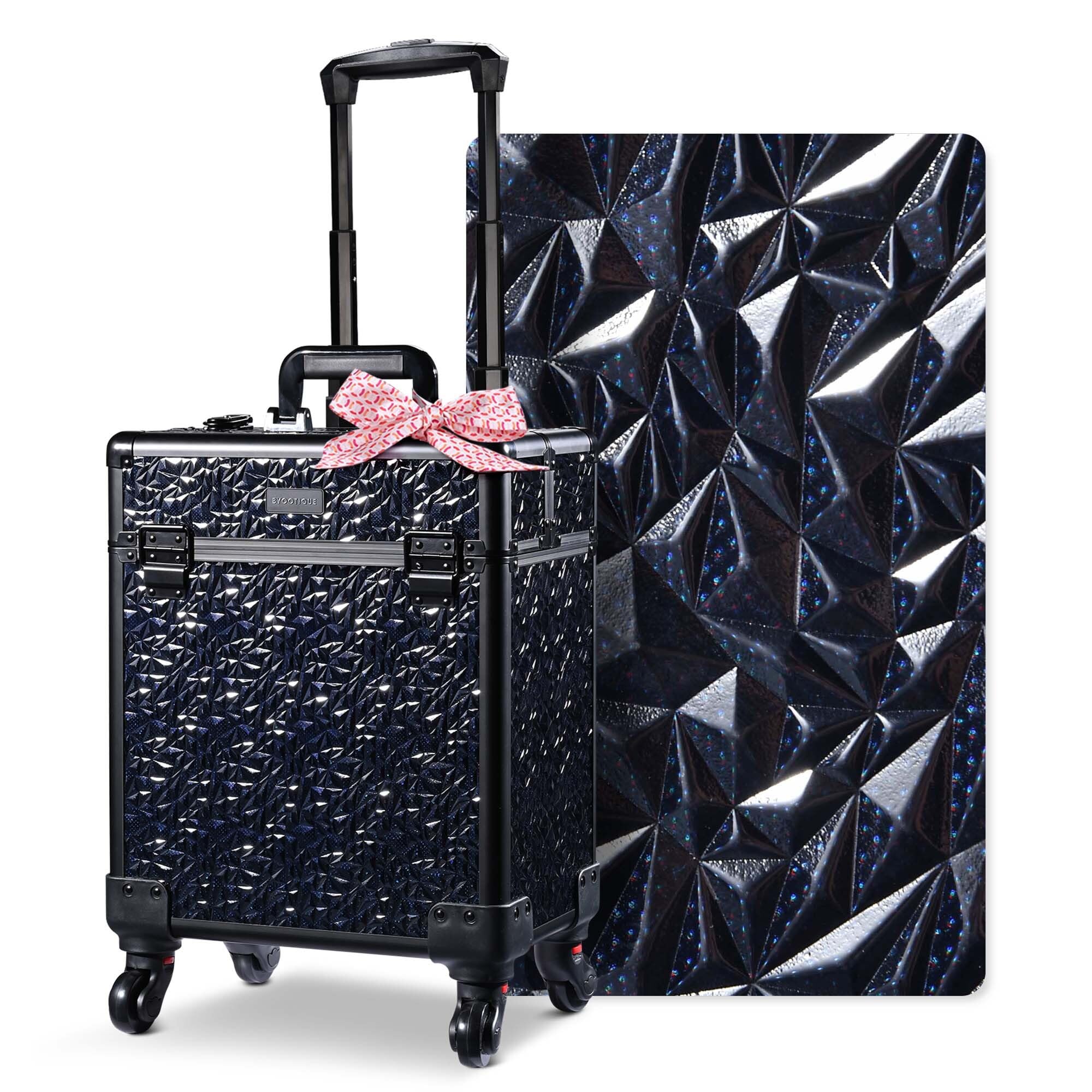 BYOOTIQUE Rolling Makeup Train Case on Wheels Large Cosmetic Travel Organizer Eyelash Storage Box for Nail Tech Beauty Salon Manicurist Barbershop,