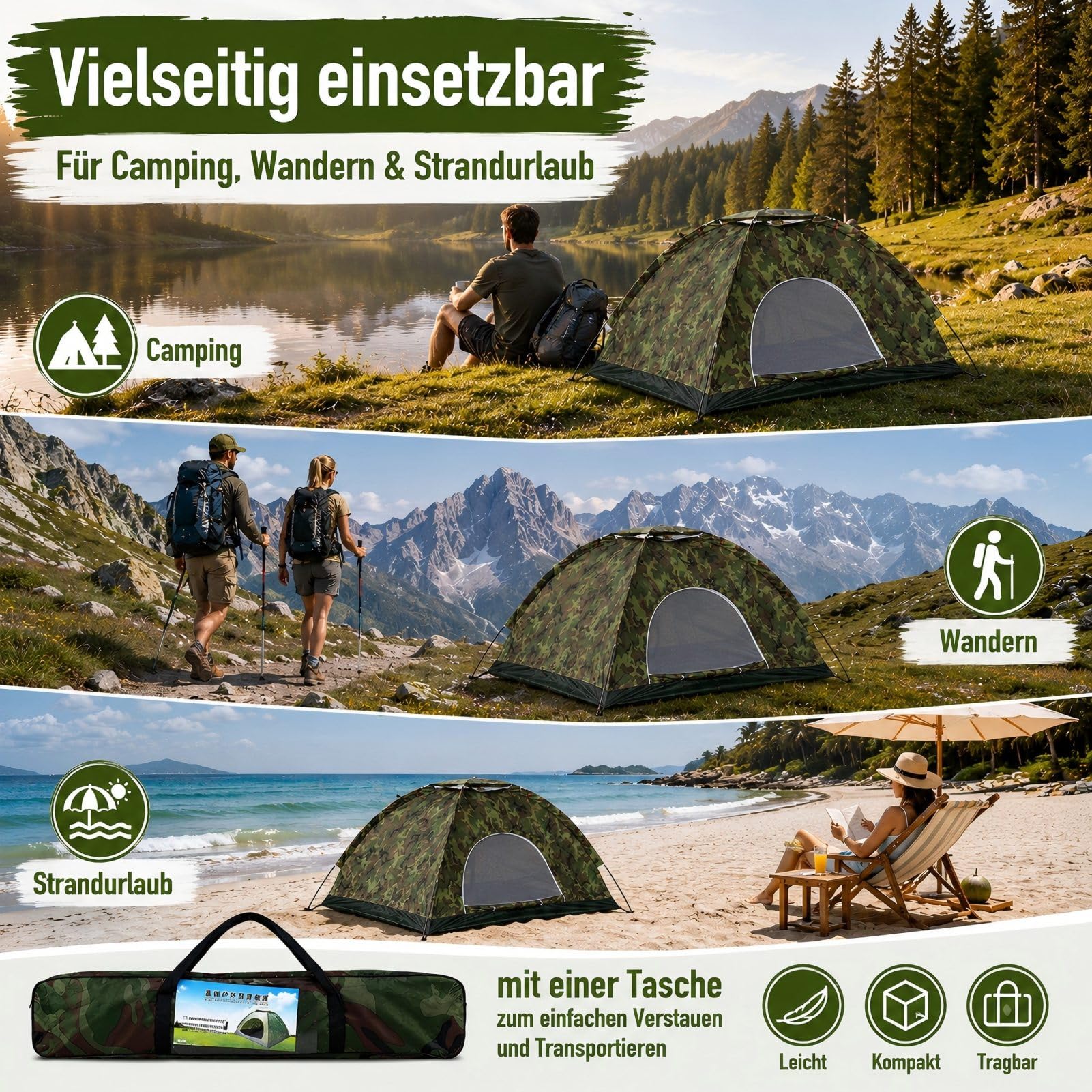 Socobeta Tenda Mimetica da Campeggio per 2 Persone, 3 Stagione, Impermeabile, con Rete Anti-Insetti, Portatile e Leggera