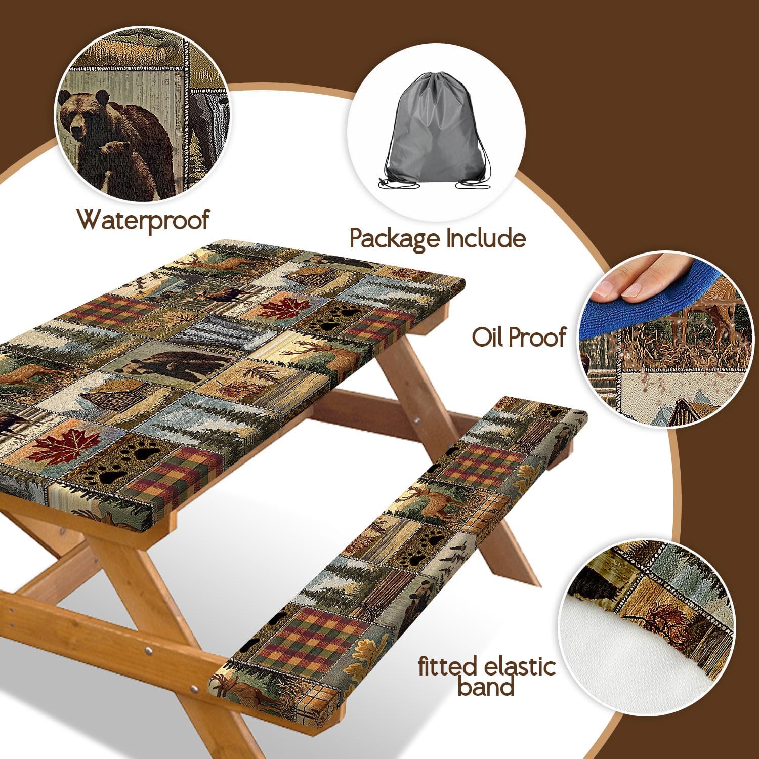 Rectangle Picnic Table Cover with Bench Covers 6FT 3PCS, Camping Essentials,Rectangle Fitted Camping Tablecloth Waterproof with Elastic Edge for Indoor Outdoor Patio, 72in, Brown