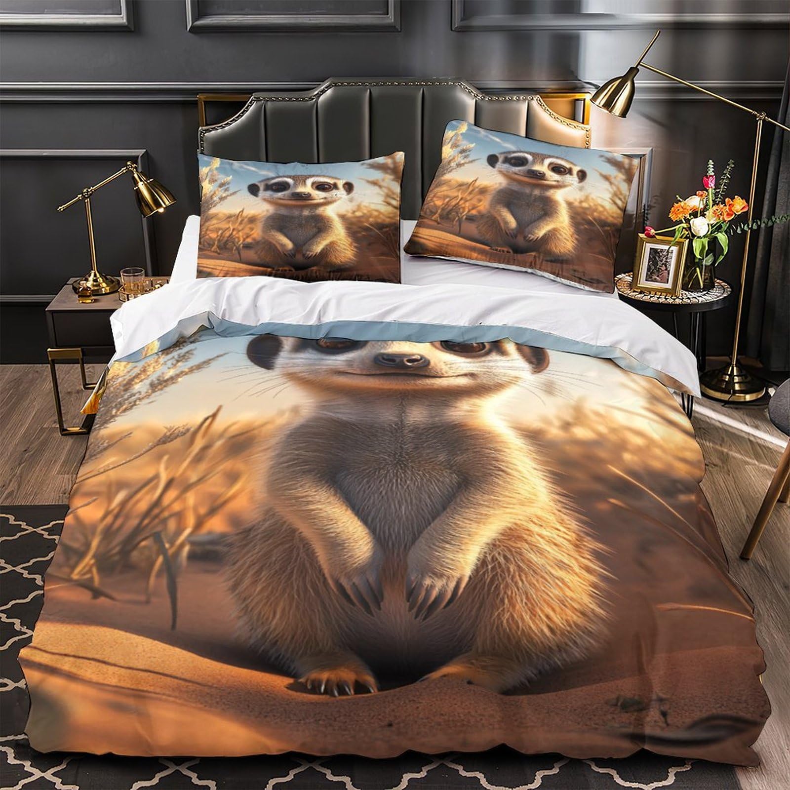 Suricato carino 3D Stampa Coperta Letto 3pz Microfibra Resistente Fumetto digitale Coperteletto 2 federe Traspirante Arredo Camera Adulti Super king（260x220cm）