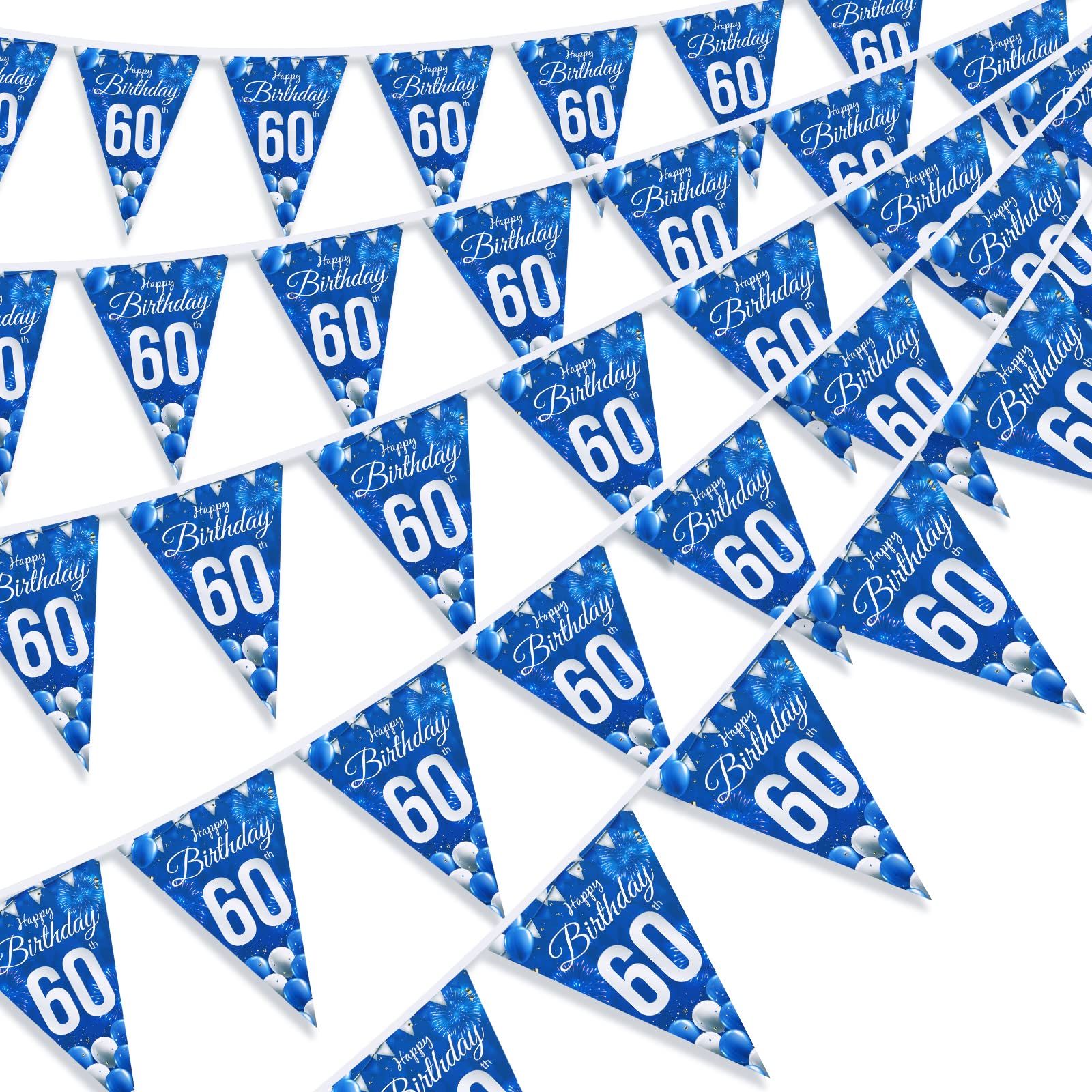 Navy Blue Happy 60th Birthday Bunting Flags, Blue 60th Birthday Party Decorations Pennant Banner, Blue 60th Birthday Triangle Flag Banners for Men Women 60th Birthday Anniversary Party Decor