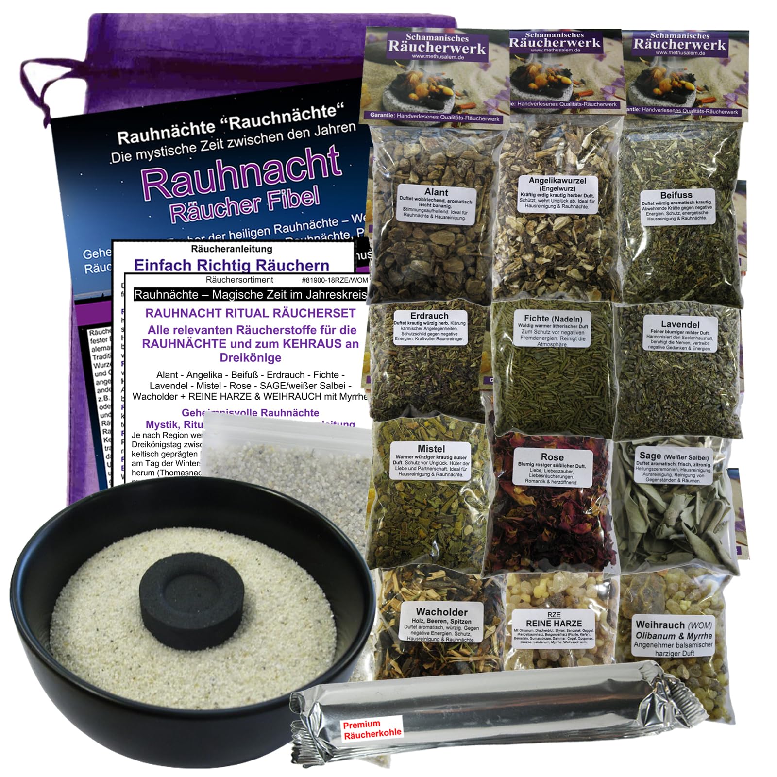 RAUHNÄCHTE 19-TLG Rauhnacht Räucher-Set 12x Räucherwerk weißer Salbei Weihrauch Myrrhe Styrax UVM. 7X RÄUCHERZUBEHÖR, RÄUCHERSCHALE, Räucheranleitung, Rauhnacht-Fibel. 81900-18S