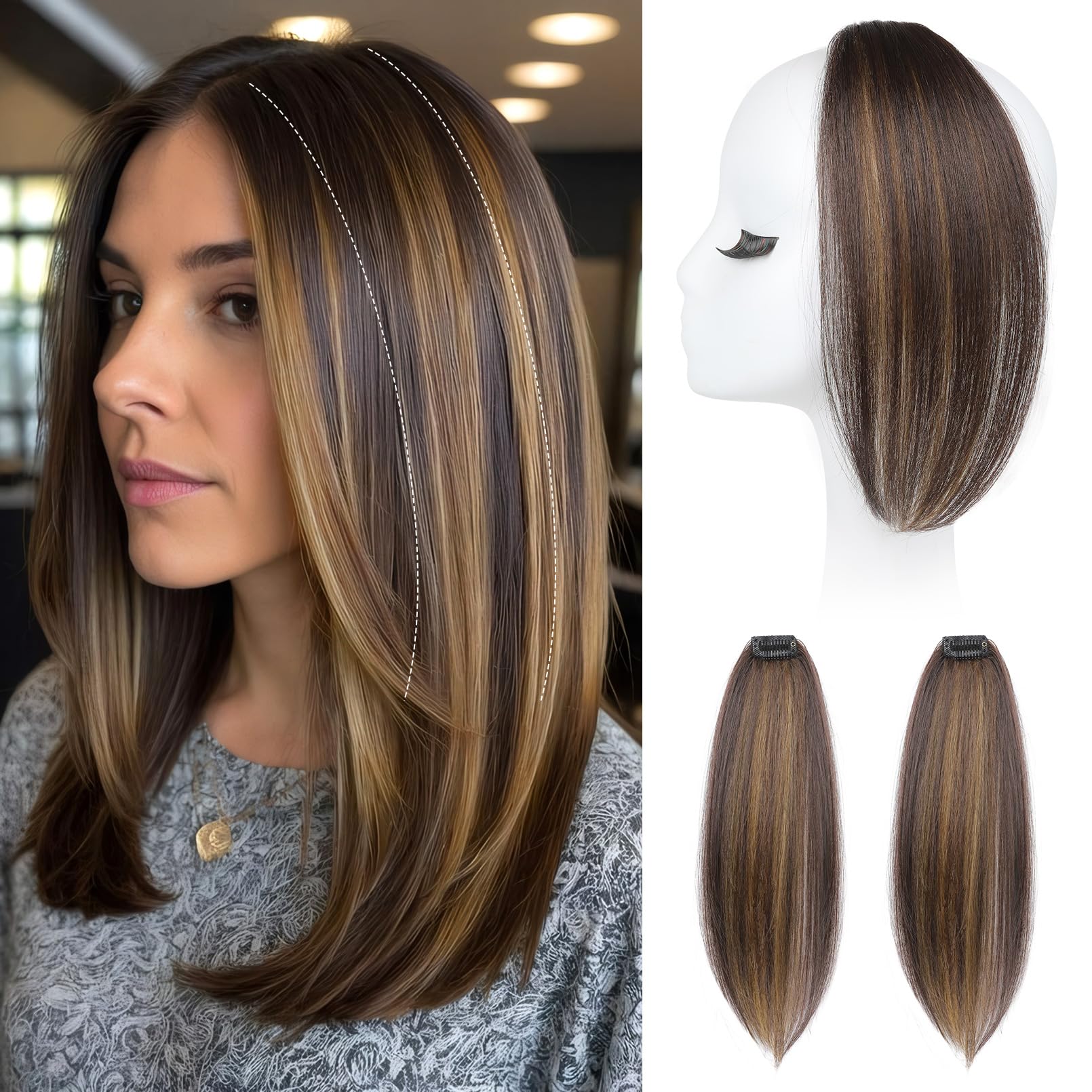 Photo 1 of REECHO Clip in Hair Volumizer, 2PCS 12 inch Short Thick Clip in Hairpieces Adding Extra Volume Hair Extensions for Women - Dark Brown with Highlights