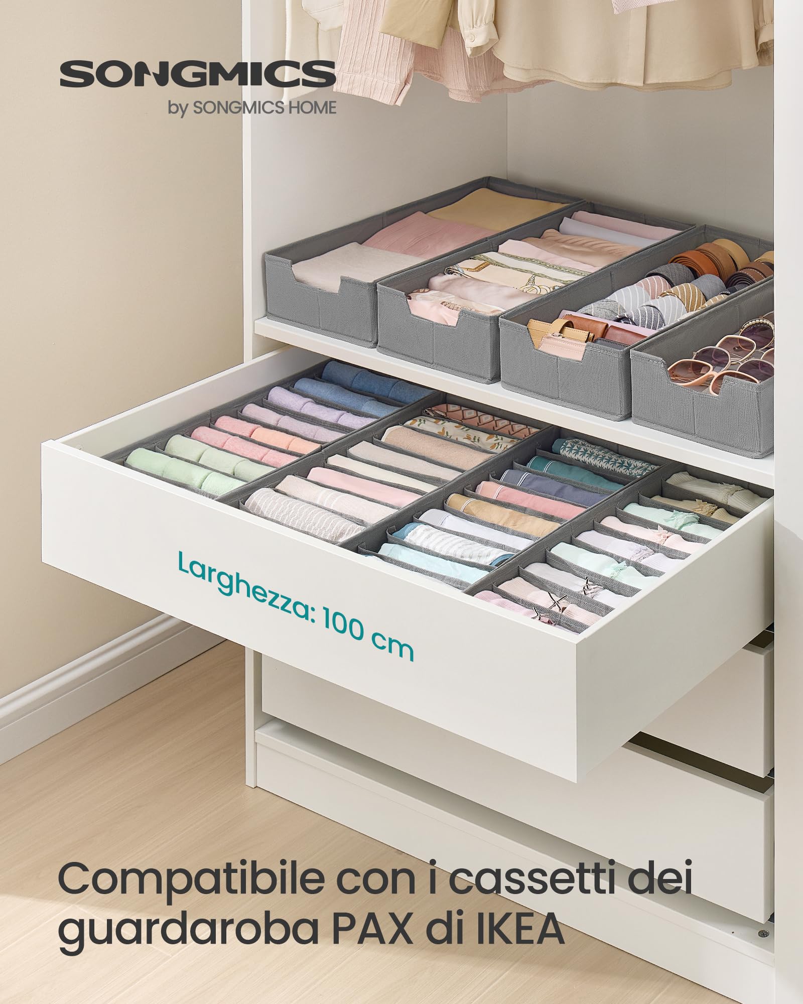 SONGMICS Set di 4 Divisori per Cassetti, per Guardaroba PAX di IKEA, con Separatori, Organizzatori per Biancheria Intima Pieghevole, 50 x 22 x 10 cm, Grigio Tortora RUS015G01