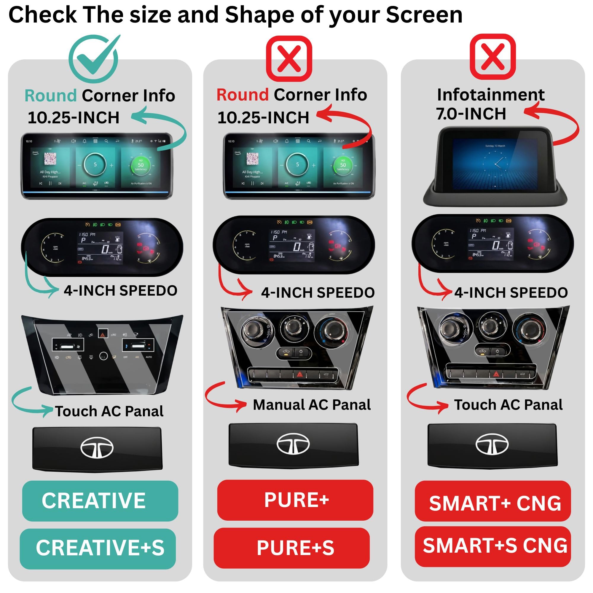 Wisely Pack 4 - Screen Guard for TATA NEXON (2026) CREATIVE, CREATIVE+ S (CNG), CREATIVE+S Dark Car Display Protector 10.25" INFOTAINMENT [Round Edge] + 4" MID CLUSTER + STEERING + AC (Touch) Panel - Stereo Car Accessories — Amazon image 3