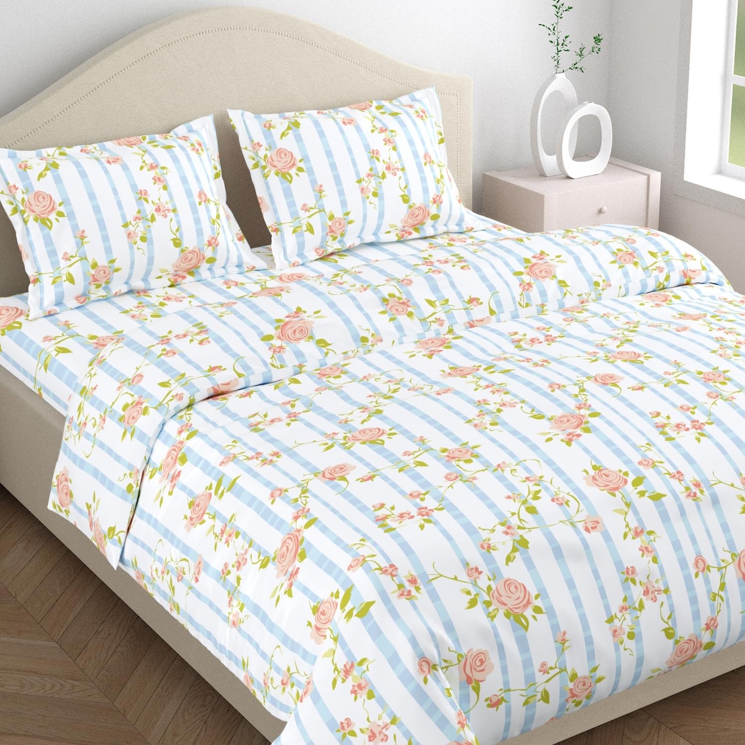 Haus & kinder Double Bedsheet for Queen Size Bed | 90 x 100 Inches 144 TC Cotton Bedsheet for Double Bed with 2 Pillow Covers - Rosaline Stripes