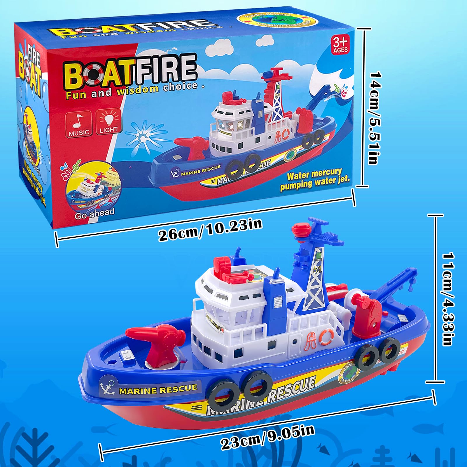 Barco de Juguete para Niños, Barco de Bomberos, Juguetes Acuáticos para Niños, Eléctrico Barco de Bomberos de Juguete con Pulverización LED Musical, Regalos Niños