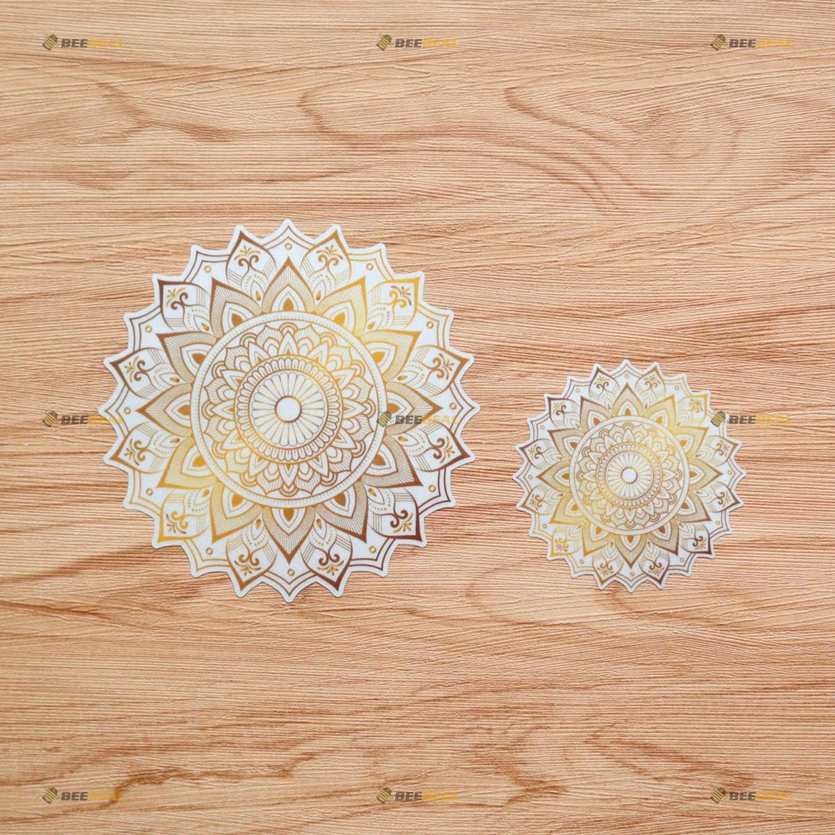 Gold Mandala Floral Abstract Pattern Sticker Decal Vinyl Arabesque - 2 Pack Reflective, 3 Inches, 5 Inches - for Car Boat Laptop Cup White Background