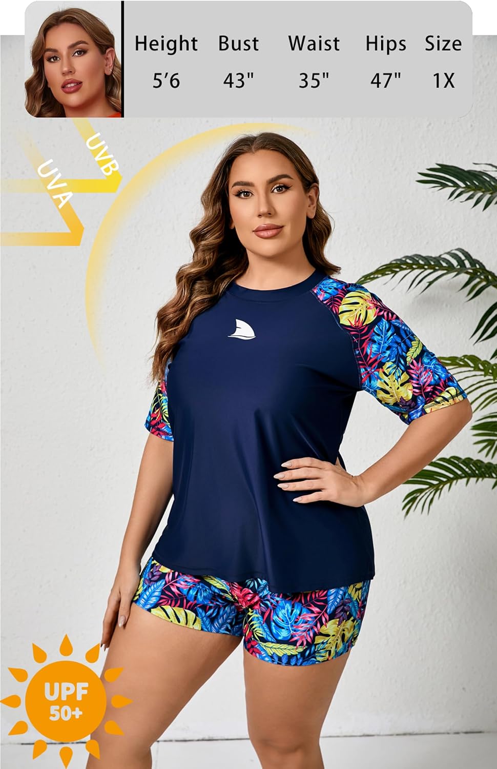 Womens Plus Size Short Sleeve Rash Guard Sets Swim Shirts with Shorts UPF50+ Two Piece Swimsuit