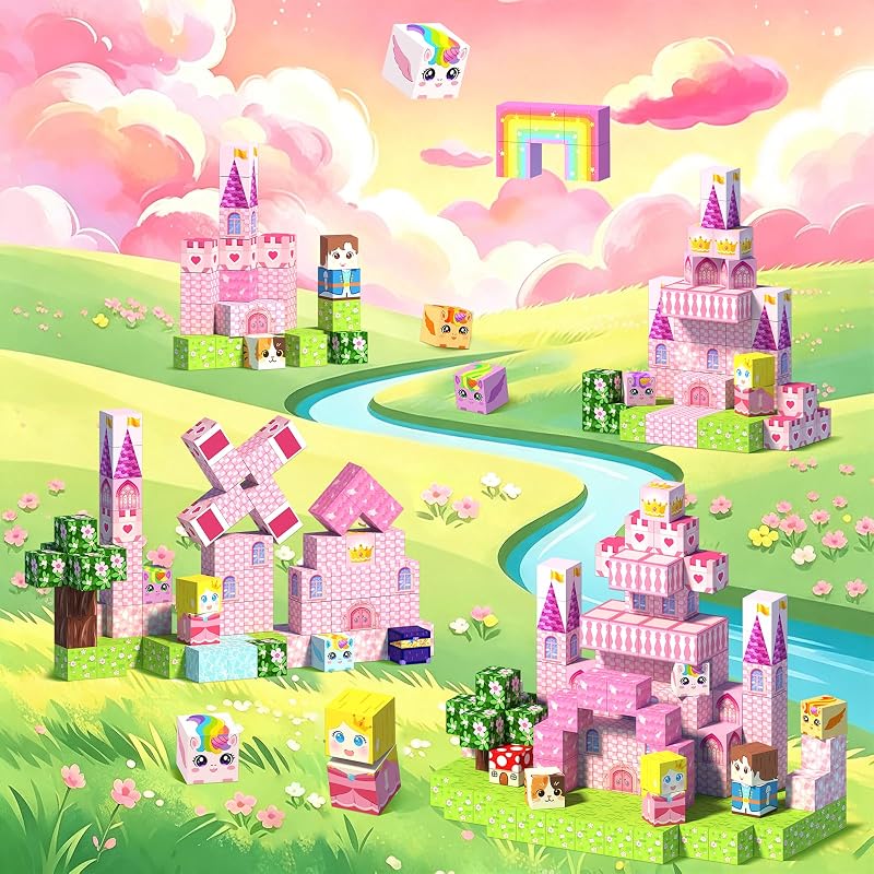 Winchoice 100PCS Magnetic Blocks Girls Pink Princess Castle – One inch classroom magnet cubes