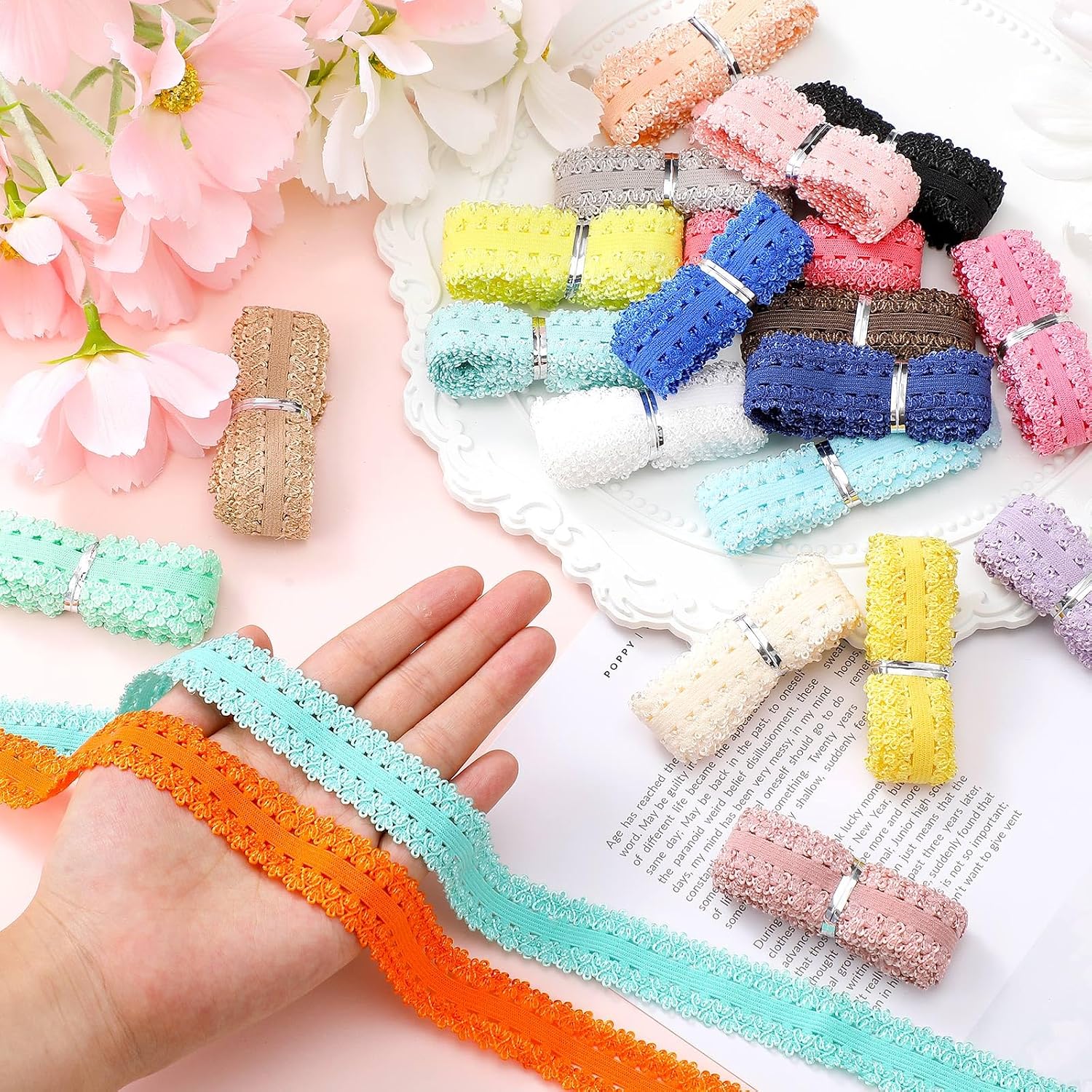 Suncalla 22 Yards Colorful Elastic Lace Bands Ribbon Trims 3/4 Inch Foldable Elastic Sewing Stretch Ribbon Bands Headbands for Hair Bow Lingerie Wedding Party Decor Clothes DIY Craft
