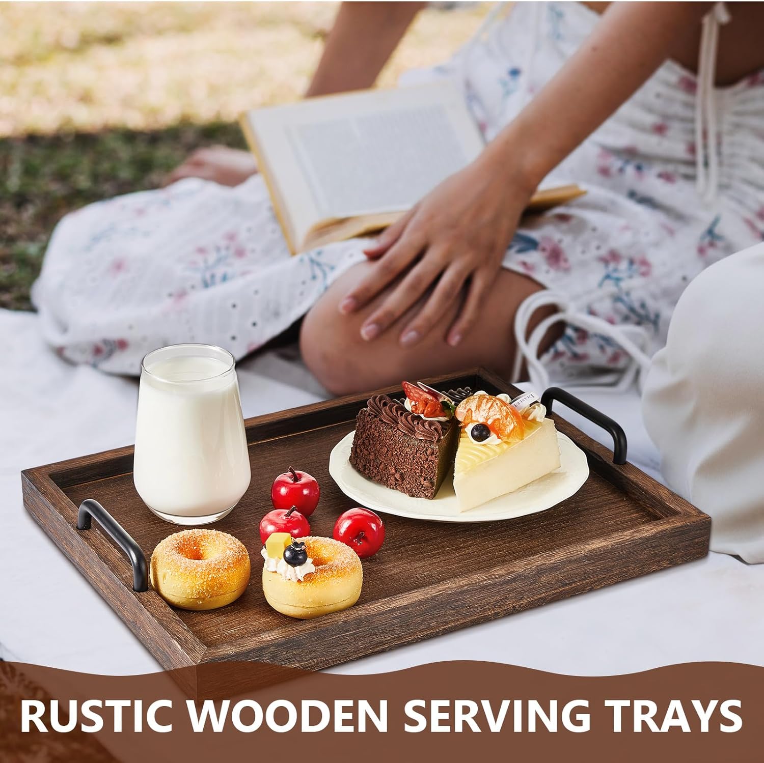 4 Pcs Large Wooden Serving Tray Decorative 15.8 x 11.8 x 1.2 in Ottomantray Rustic with Handle Coffee Table Wood Tray Kitchen Platter for Christmas Thanksgiving Party Gift Breakfast Wedding(Brown)