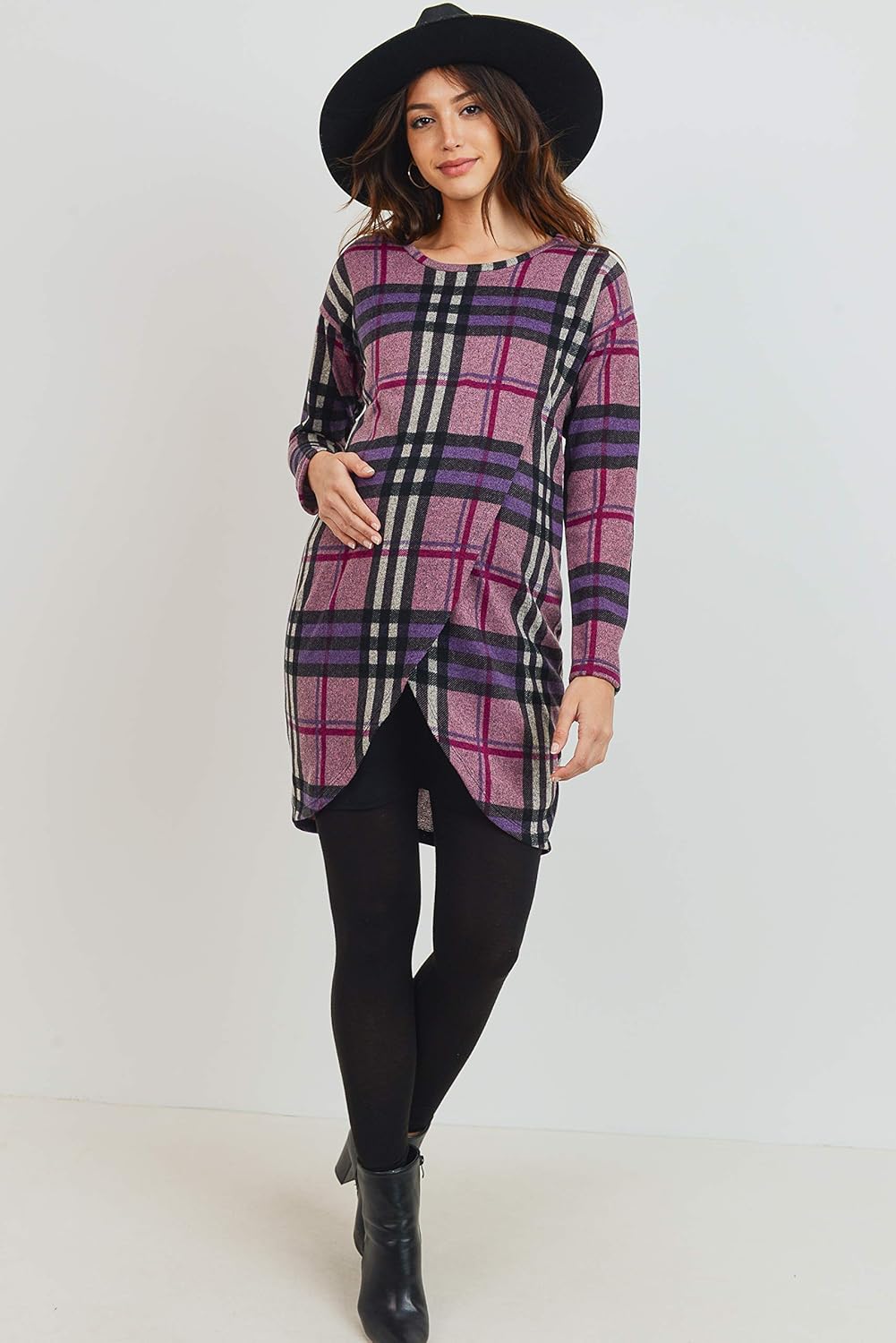 HELLO MIZ Women's Sweater Knit Long Sleeve Maternity Nursing Tunic Dress (Purple Plaid/Black, XL)