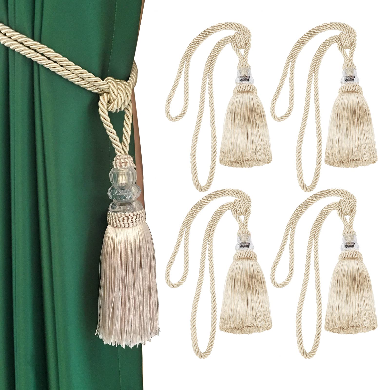 Fenghuangwu Tassel Curtain Tiebacks Handmade Curtain Tie Backs, Elegant Crystal Curtain Holdbacks for Home Office Decor (Beige, 4P)
