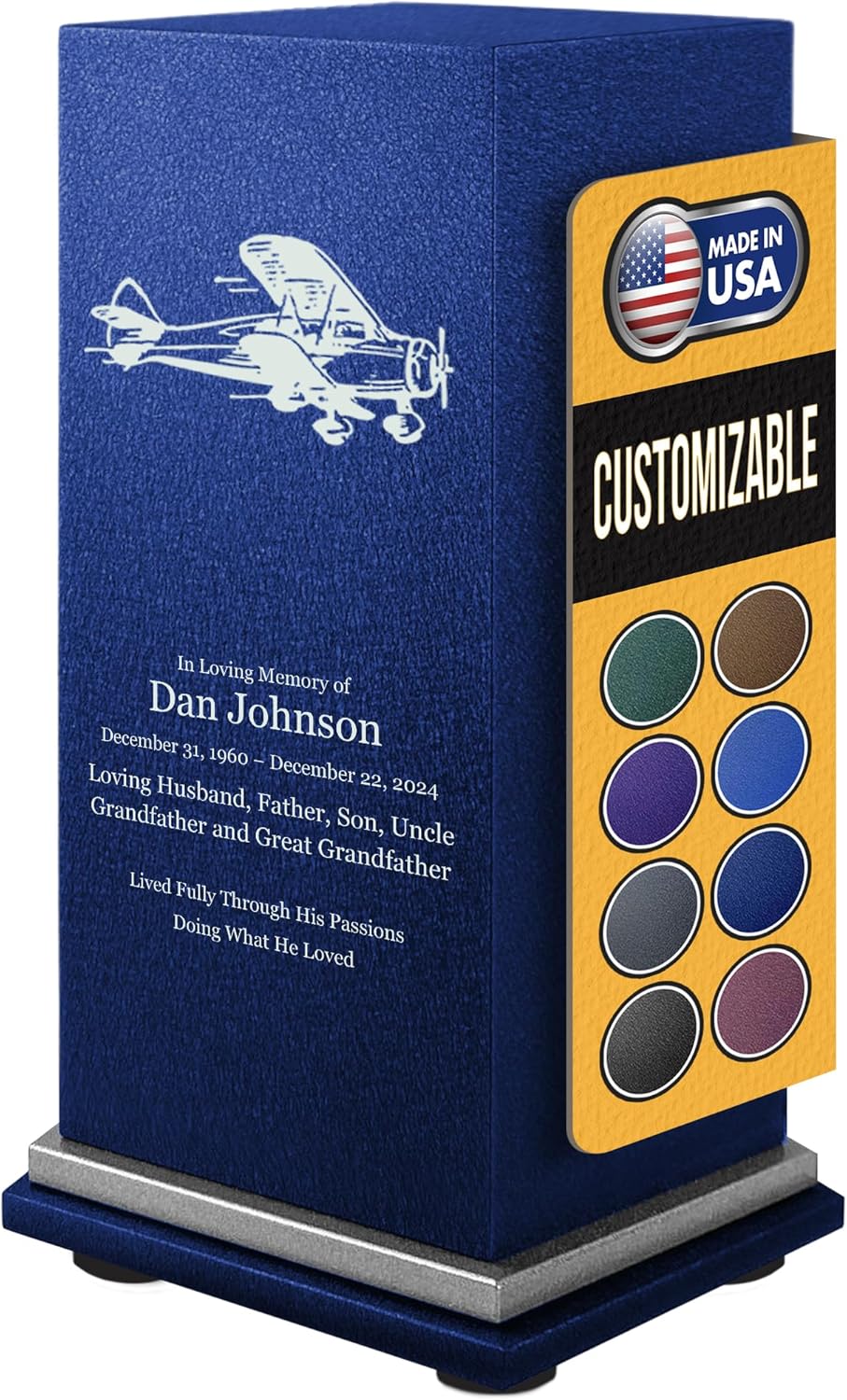 Amaranthine Urn Decorative Cremation Urn for Human Ashes - Customizable Text, Color & Base, Metal Funeral Urns for Adult Men & Women, Burial Memorial Keepsake, Made in USA - Airplane Pilot with Base