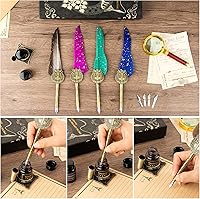 Vista 2 de Juego de pluma de ave y tinta, juego de tinta para pluma estilográfica, pluma de caligrafía antigua con 4 puntas reemplazables, 2 botellas de tinta