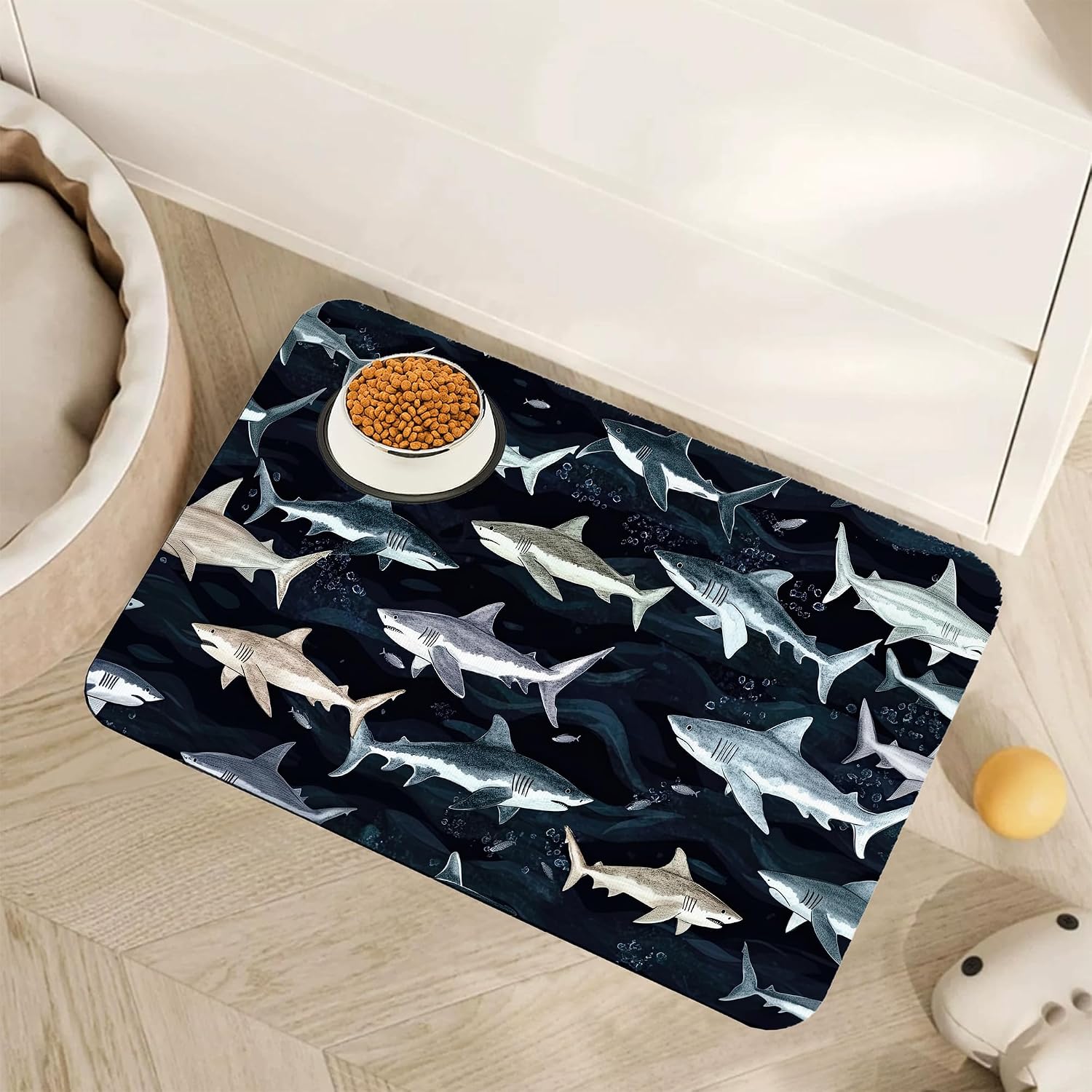 Cute Shark Dog Cat Food Mat,Absorbent Pet Feeding Mat with Rubber Backing,Non-Slip Water Bowl Placemat,Indoor Pet Accessories Supplies 16″x24″